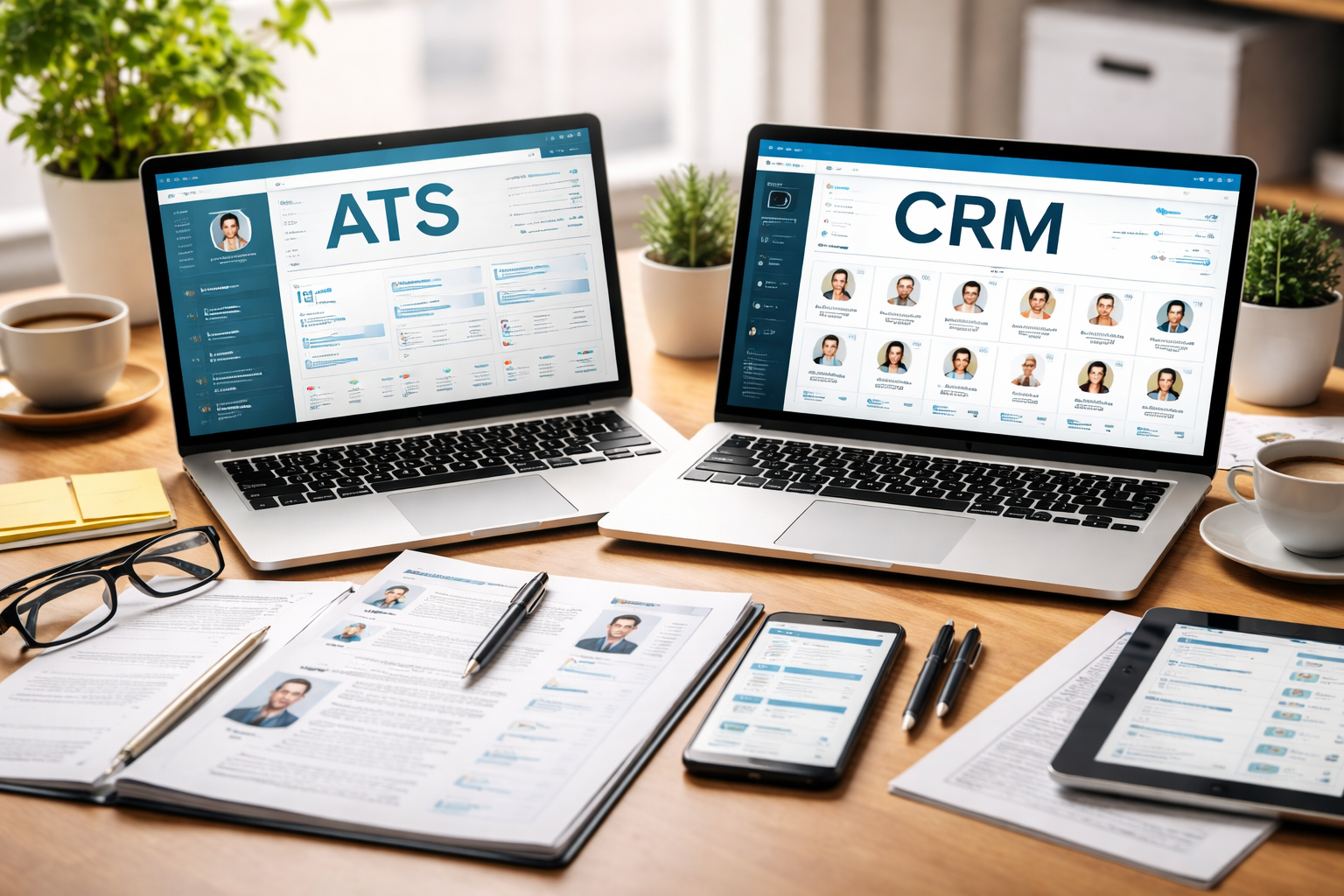 ATS vs CRM recruitment comparison showing applicant tracking system and candidate relationship management tools in modern hiring workspace