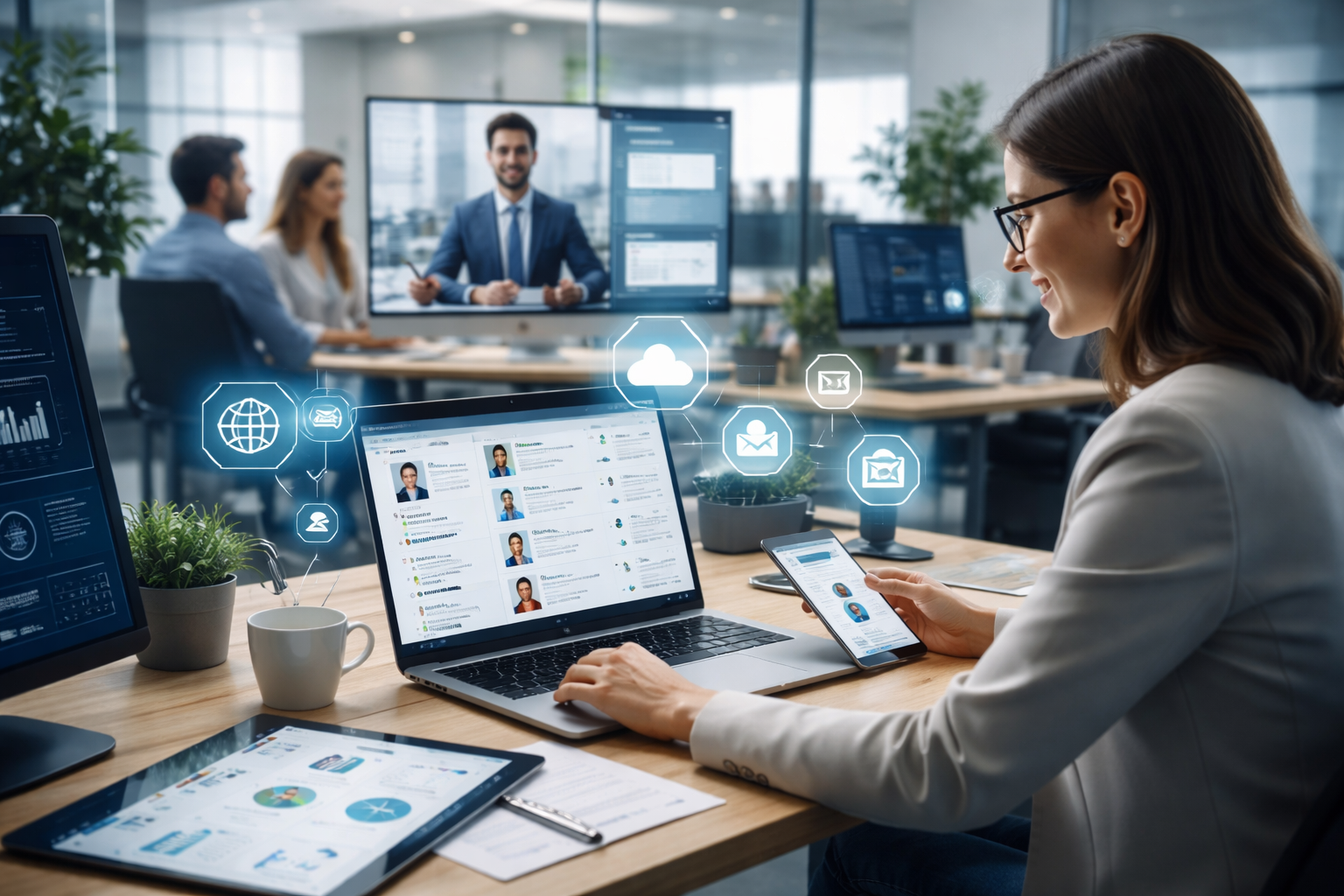 Benefits of digital recruitment shown through AI hiring tools, virtual interviews, and data-driven candidate selection in a modern office