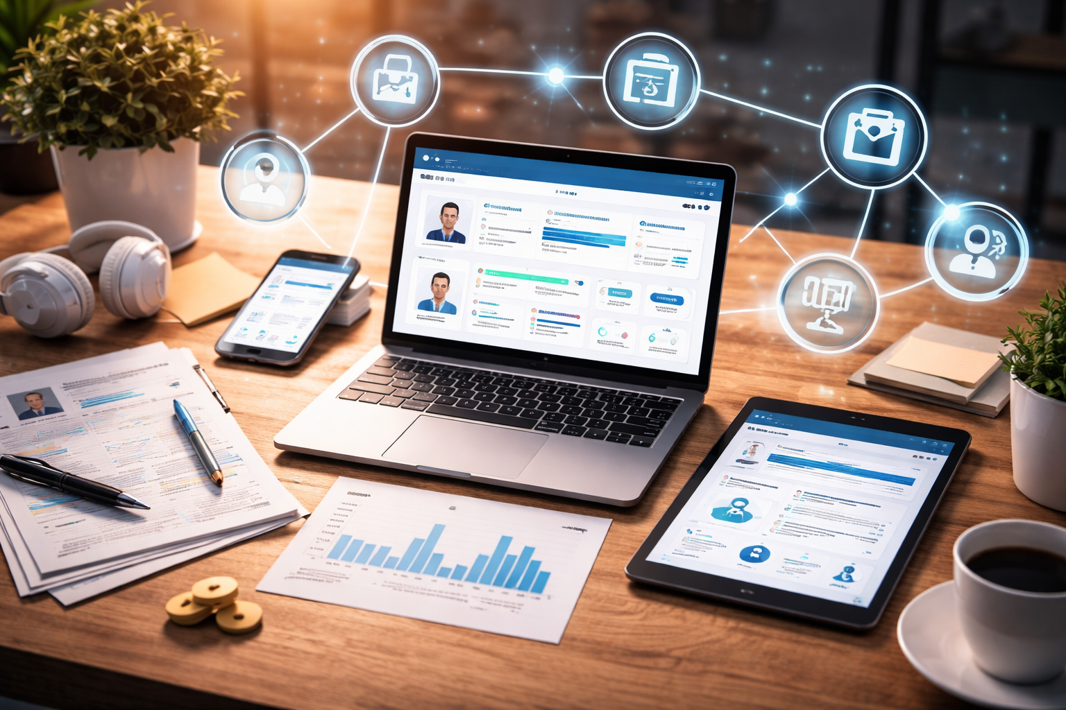 Recruitment process automation workflow showing digital hiring tools, AI candidate tracking system, and automated recruitment dashboard in modern workspace