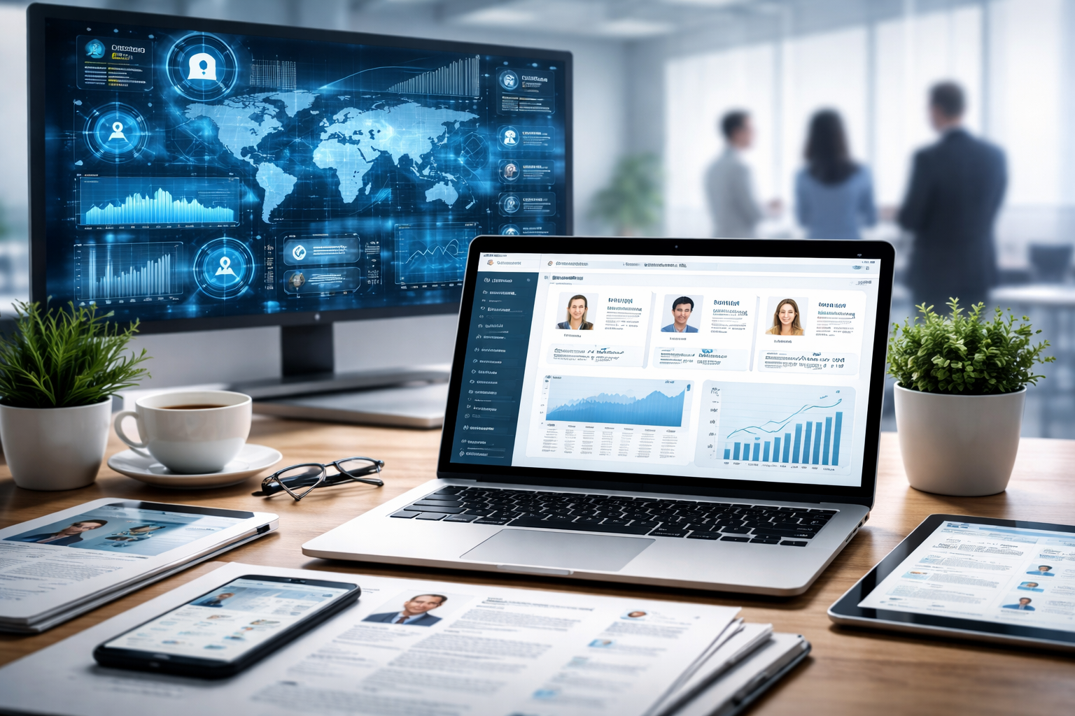 Recruitment trends 2026 showing AI hiring analytics, digital recruitment tools, and global talent data in a modern office workspace