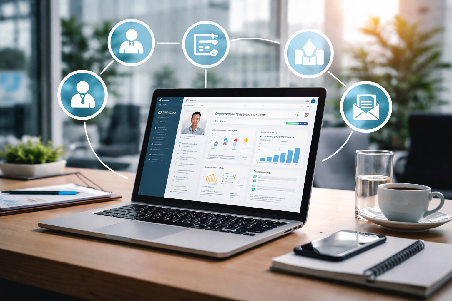 Recruitment automation tools dashboard with AI hiring software, candidate tracking system, and digital recruitment workflow in modern office