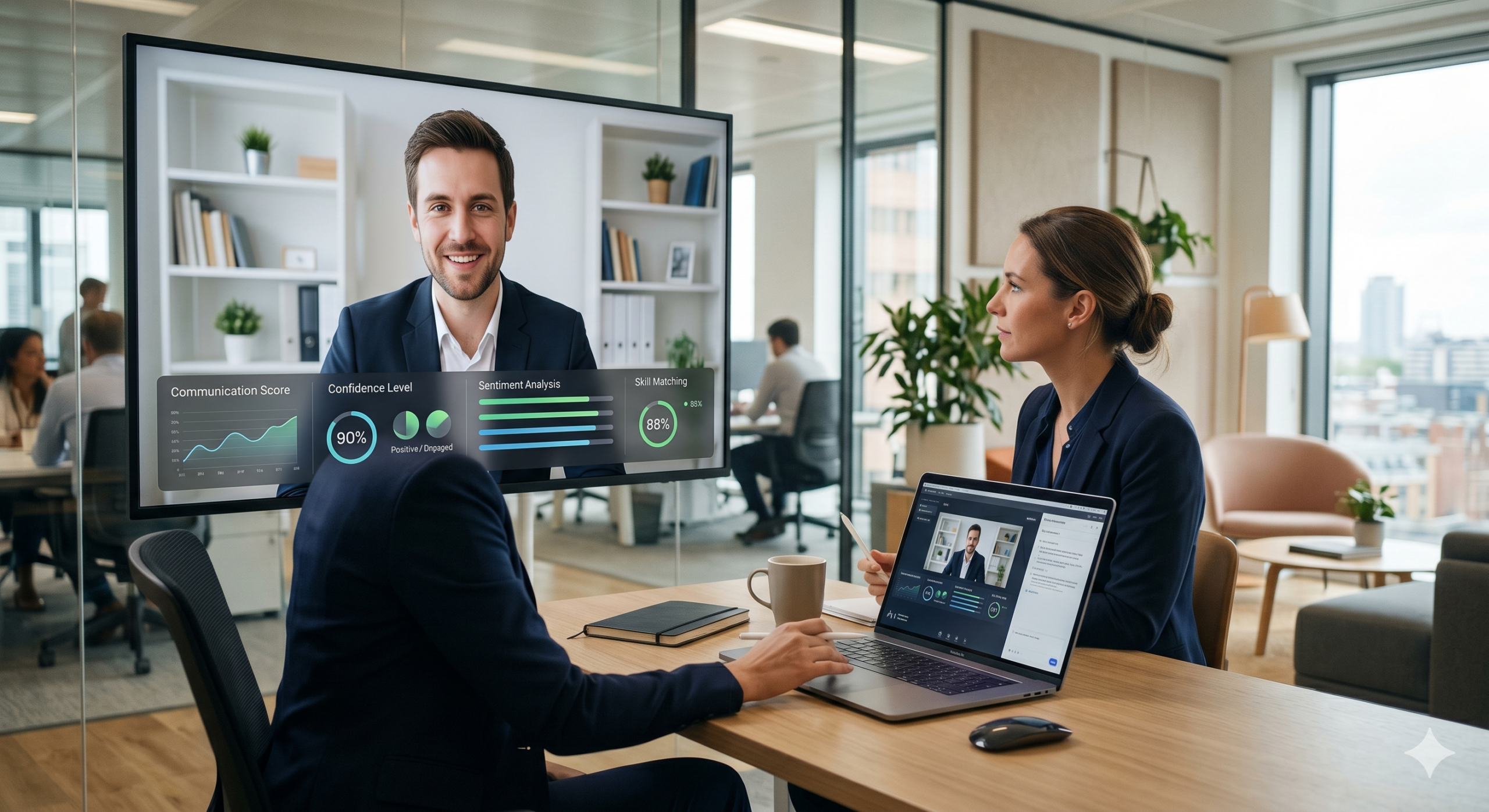 ai interview tools dashboard analyzing candidate video interview with scoring metrics and recruitment analytics
