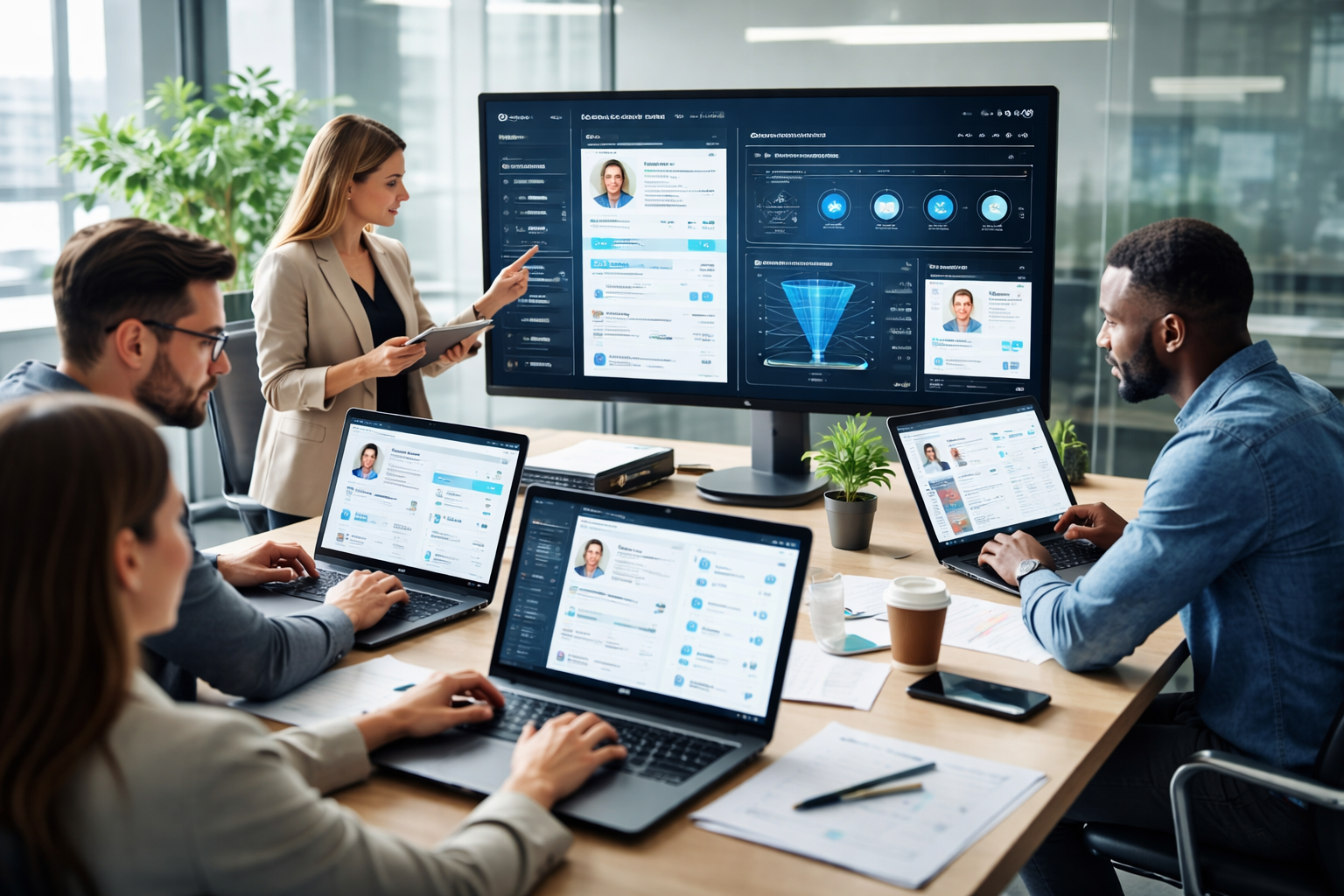 HR team using AI recruiting tools on multiple screens to analyze candidates and manage hiring workflows