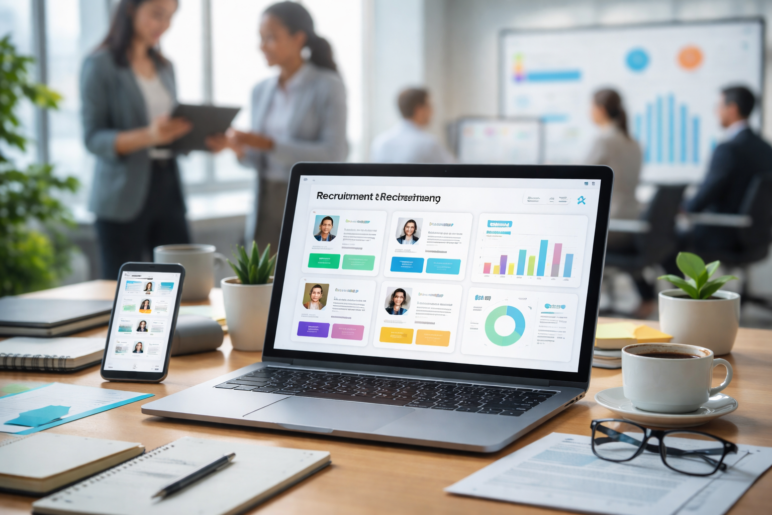Modern recruitment software dashboard on laptop with candidate profiles, analytics charts, and hiring team collaborating in office
