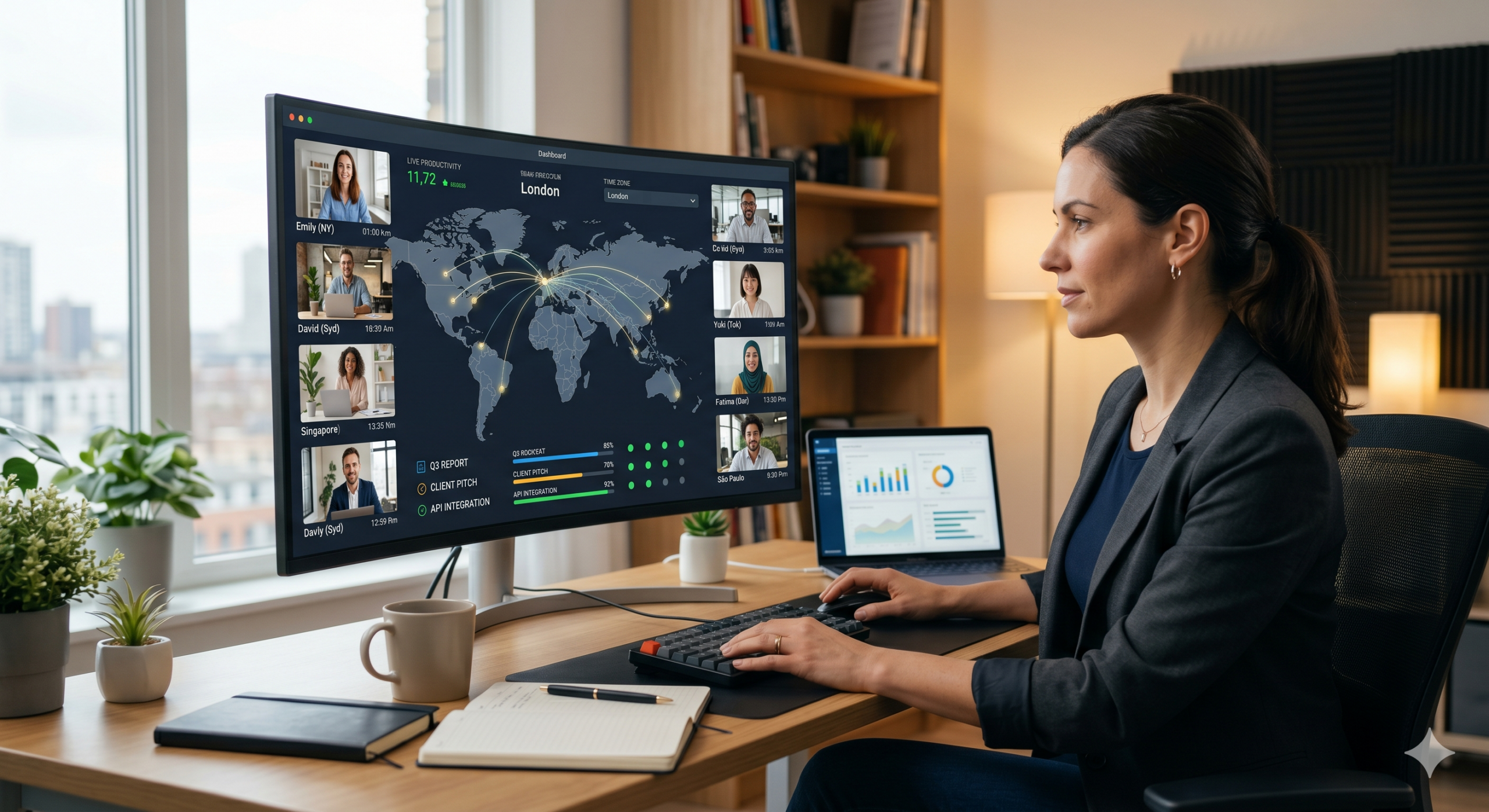 distributed workforce management dashboard showing global team collaboration productivity metrics and remote employees