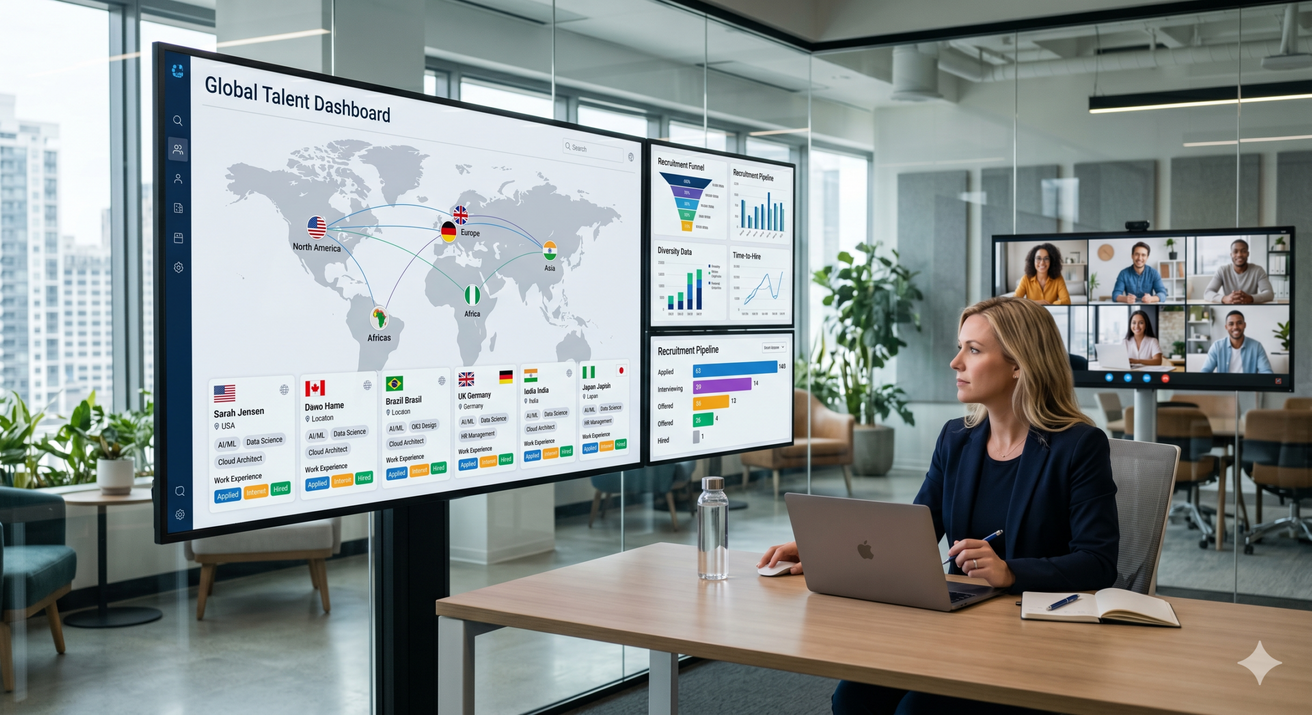 global recruitment strategies dashboard showing worldwide talent hiring and international candidate analytics