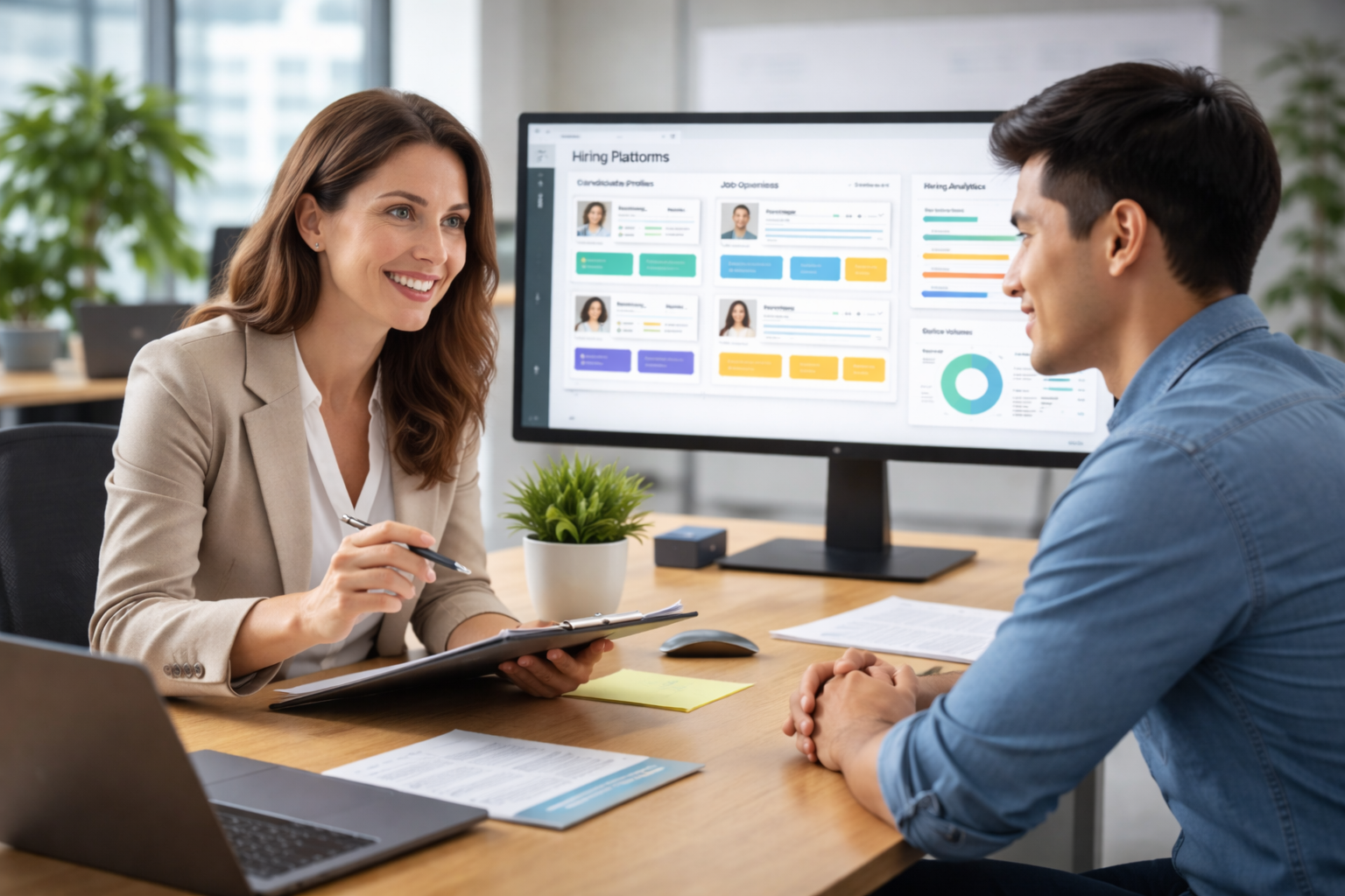 HR consultant interviewing job applicant in front of hiring platform dashboard with candidate profiles and analytics on screen