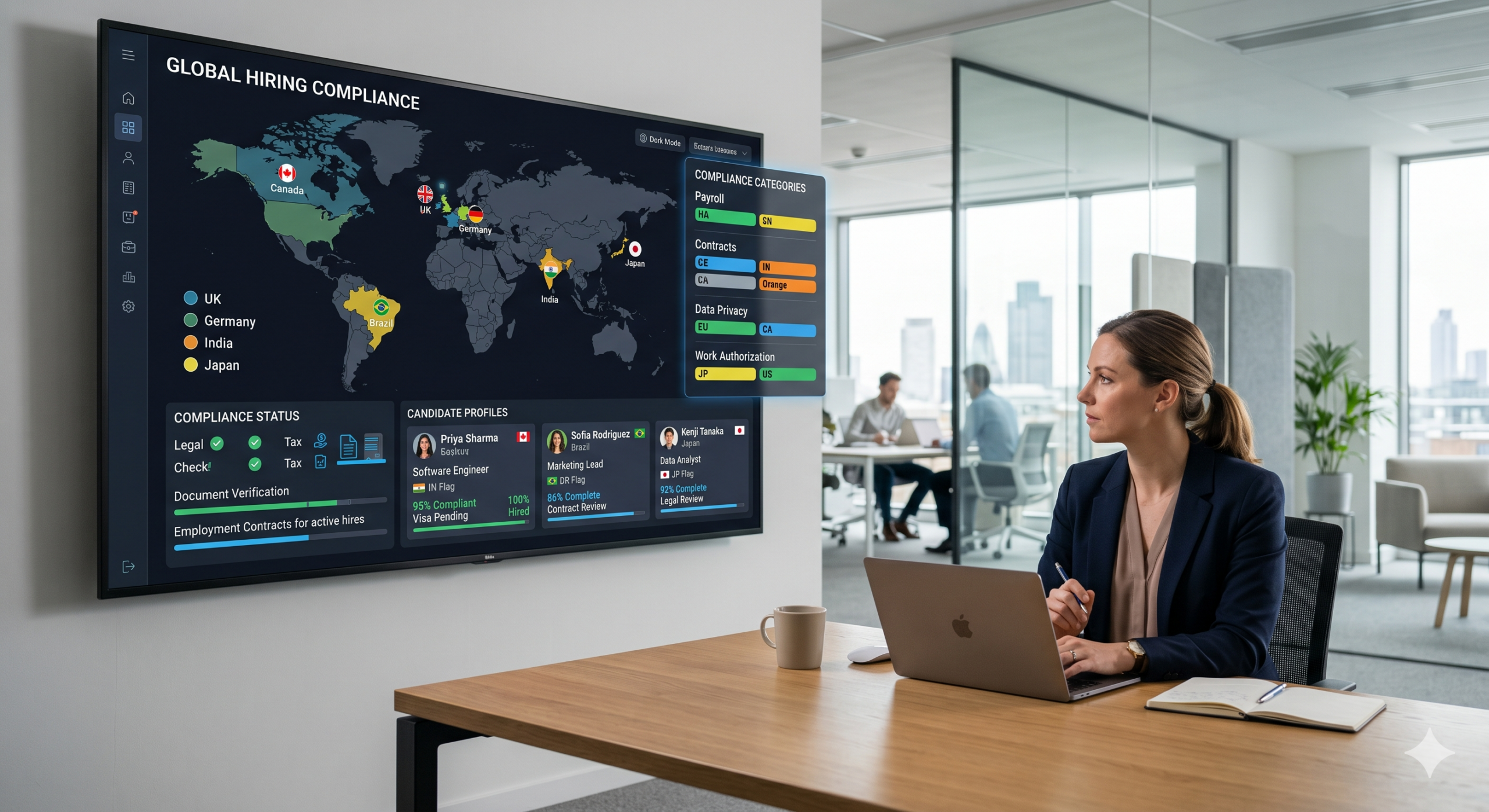 international hiring compliance dashboard showing global employment laws tax and contract verification across countries
