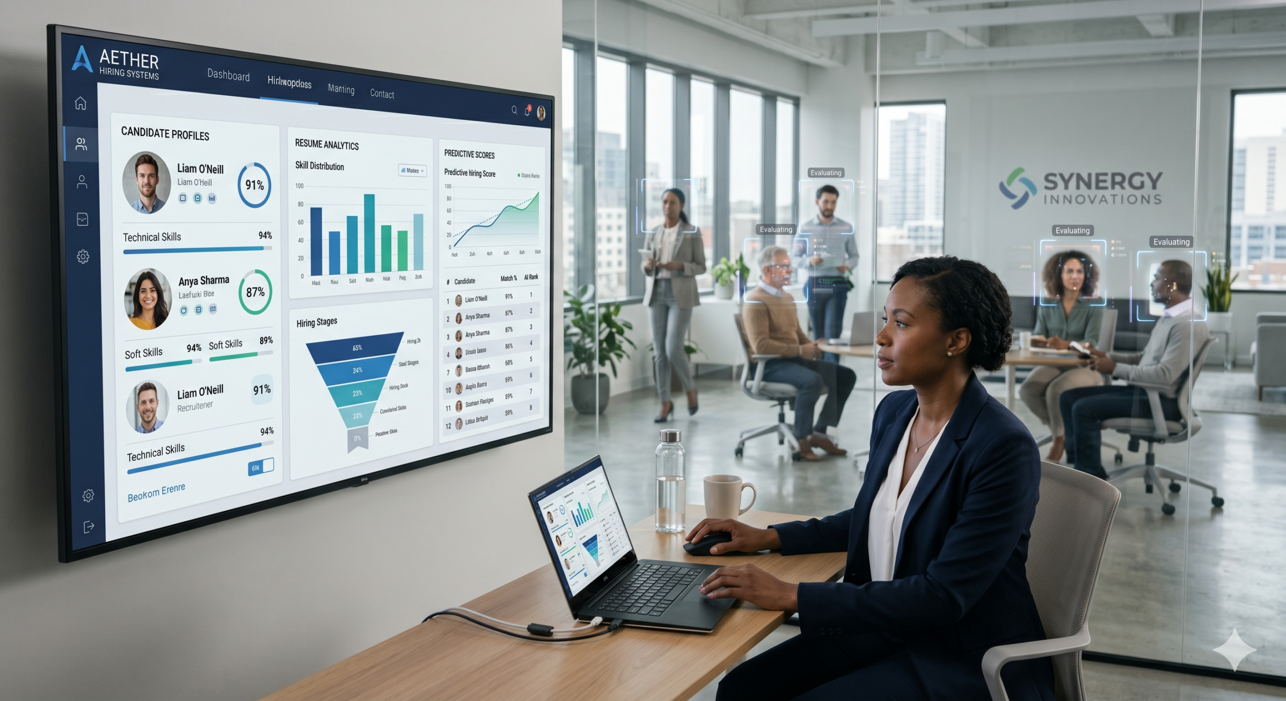 machine learning hiring tools dashboard analyzing candidate profiles with AI recruitment system in modern office