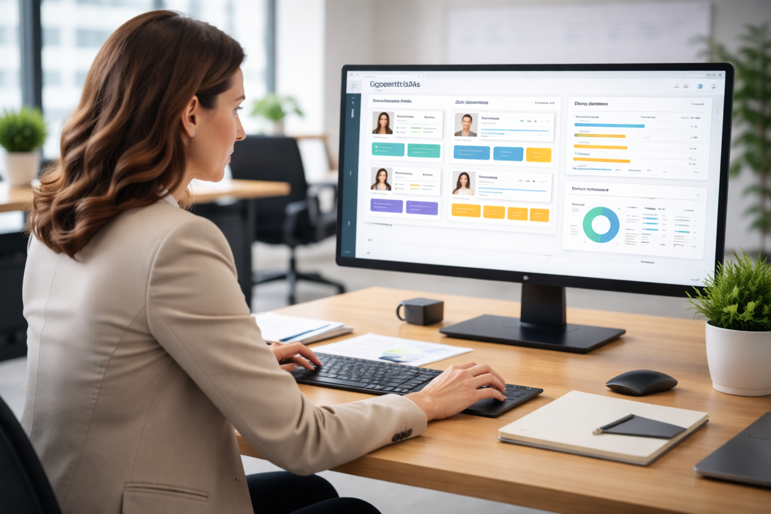 HR consultant using recruitment SaaS tools on large monitor to review candidates and analyze hiring data