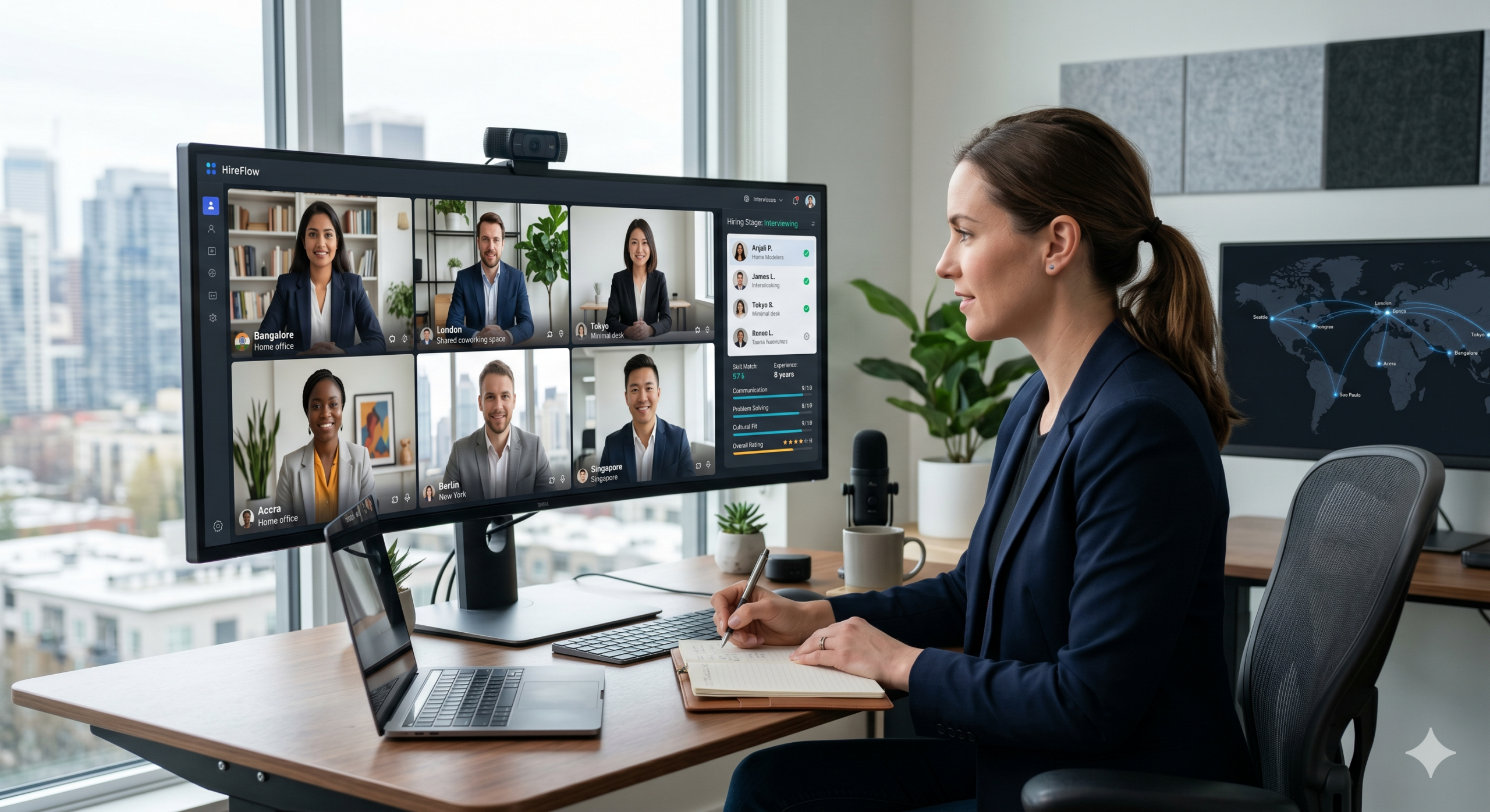 remote hiring guide showing recruiter interviewing global candidates via video call with distributed team dashboard