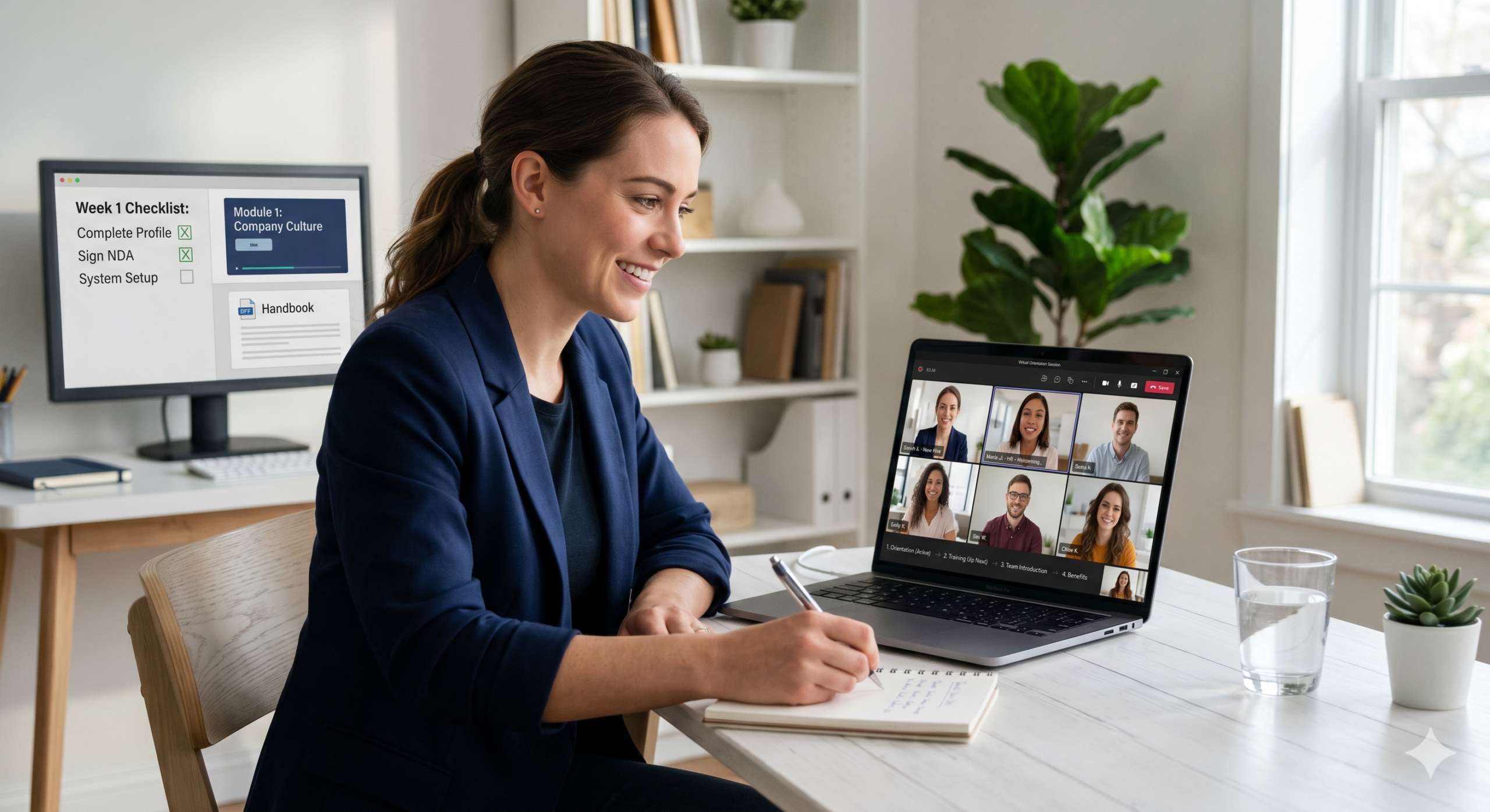 remote onboarding process showing virtual orientation and employee integration with digital training dashboard