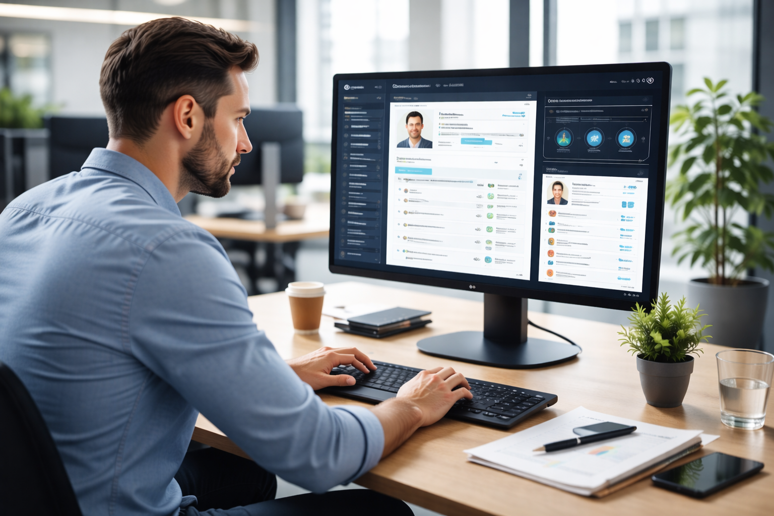 HR consultant using resume screening software on desktop monitor to evaluate candidates and analyze hiring data