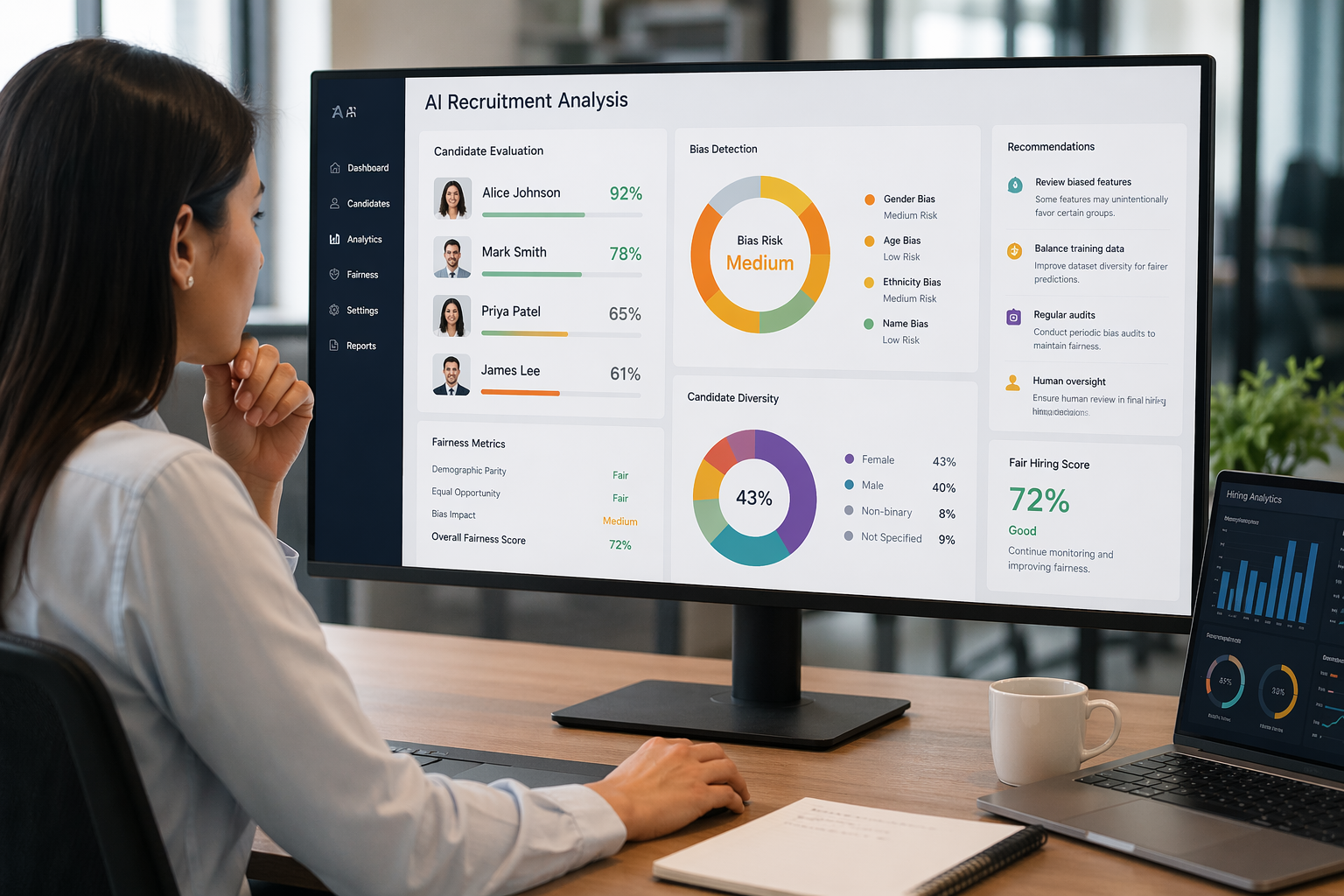 ai bias in recruitment dashboard showing fairness metrics diversity analysis and ethical hiring evaluation