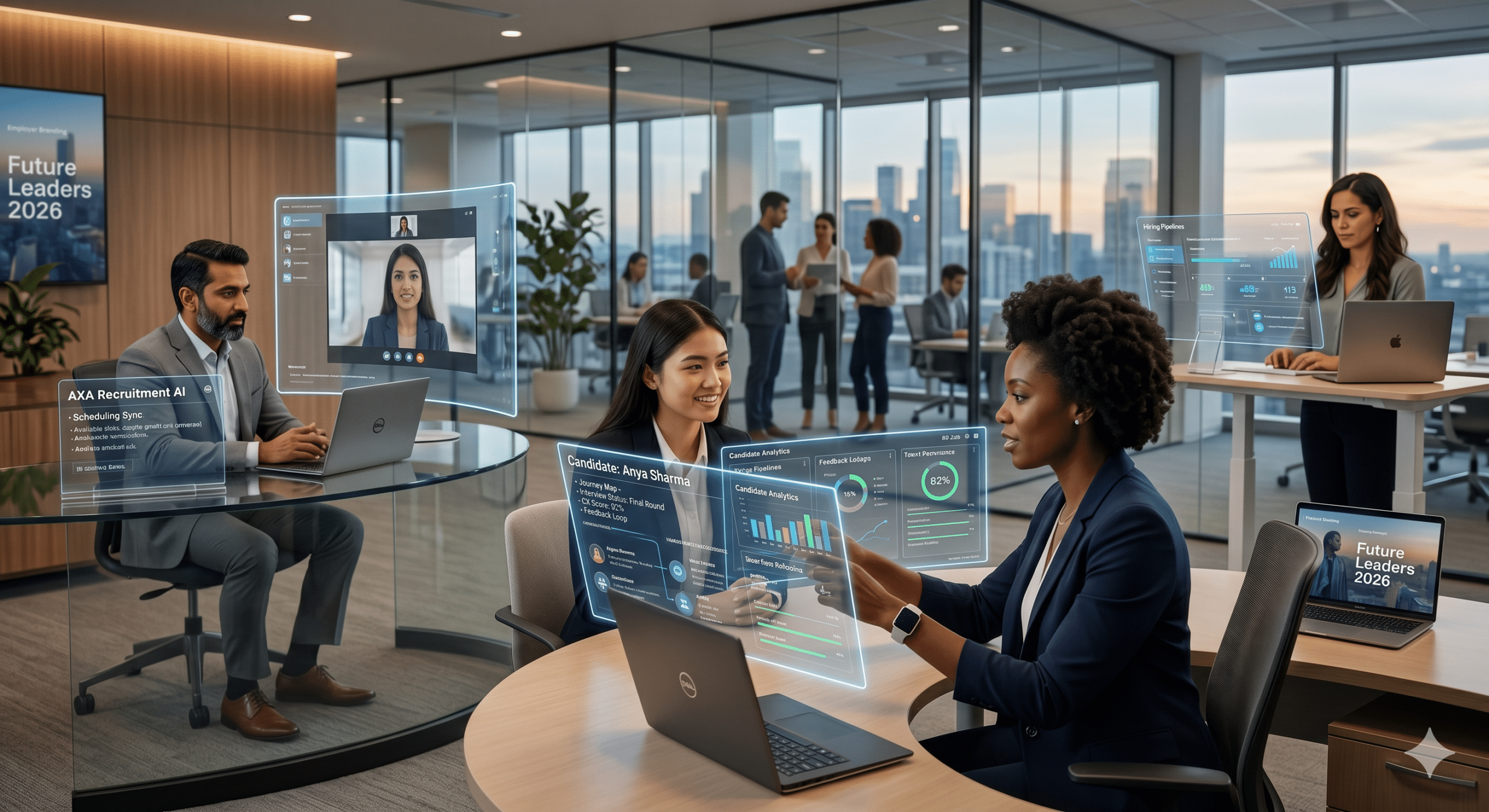 Futuristic recruitment office with HR professionals using AI-powered candidate experience dashboards, virtual interviews, hiring analytics, and personalized recruitment technology.