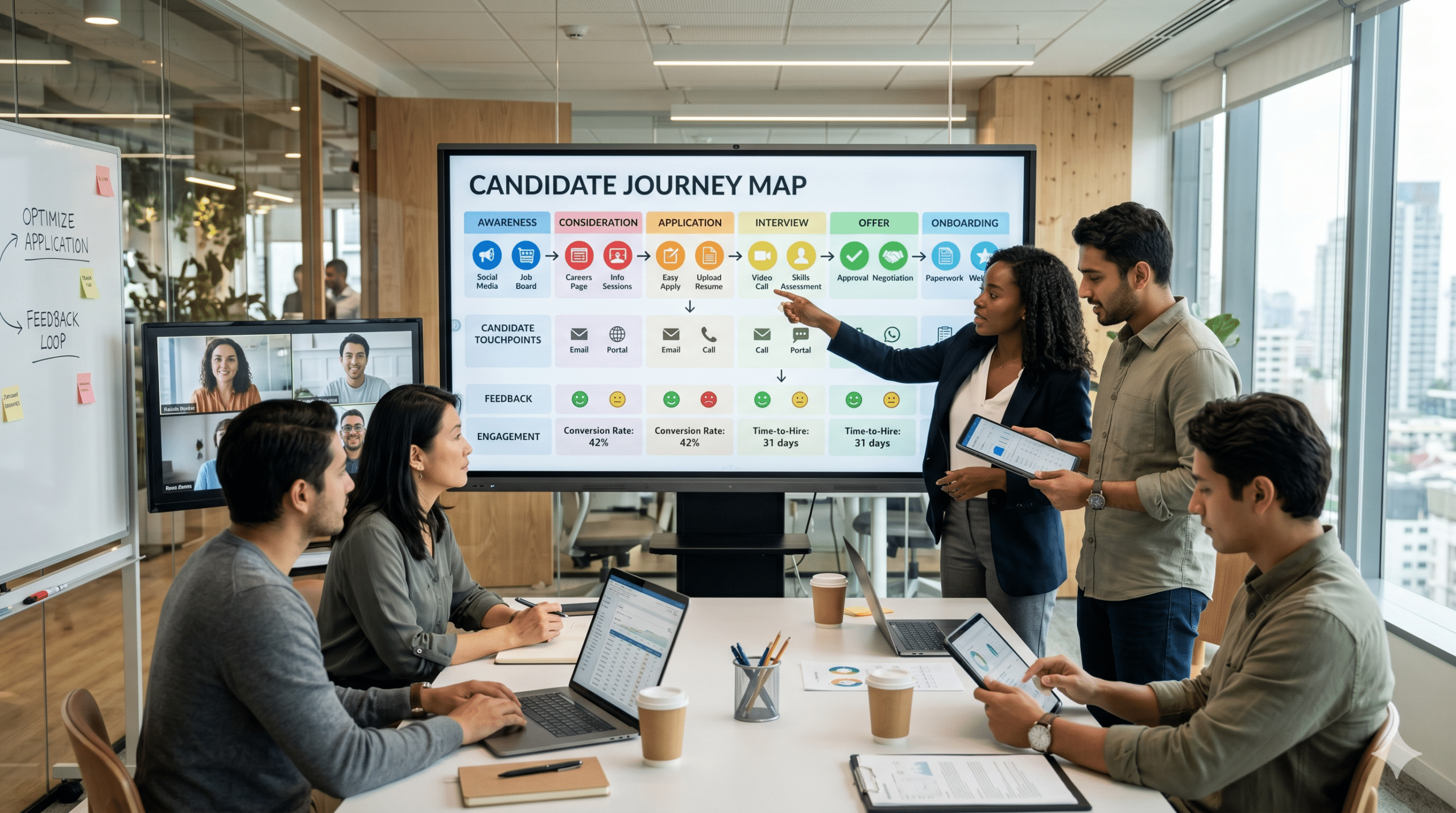 candidate journey mapping presentation showing hiring stages, touchpoints, and recruitment process in a modern office meeting