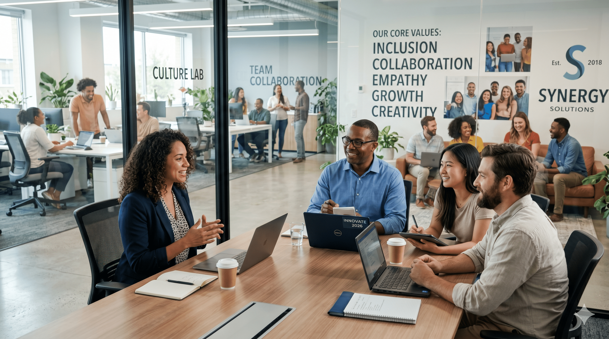 company culture hiring interview with diverse team collaboration and workplace values in a modern office setting