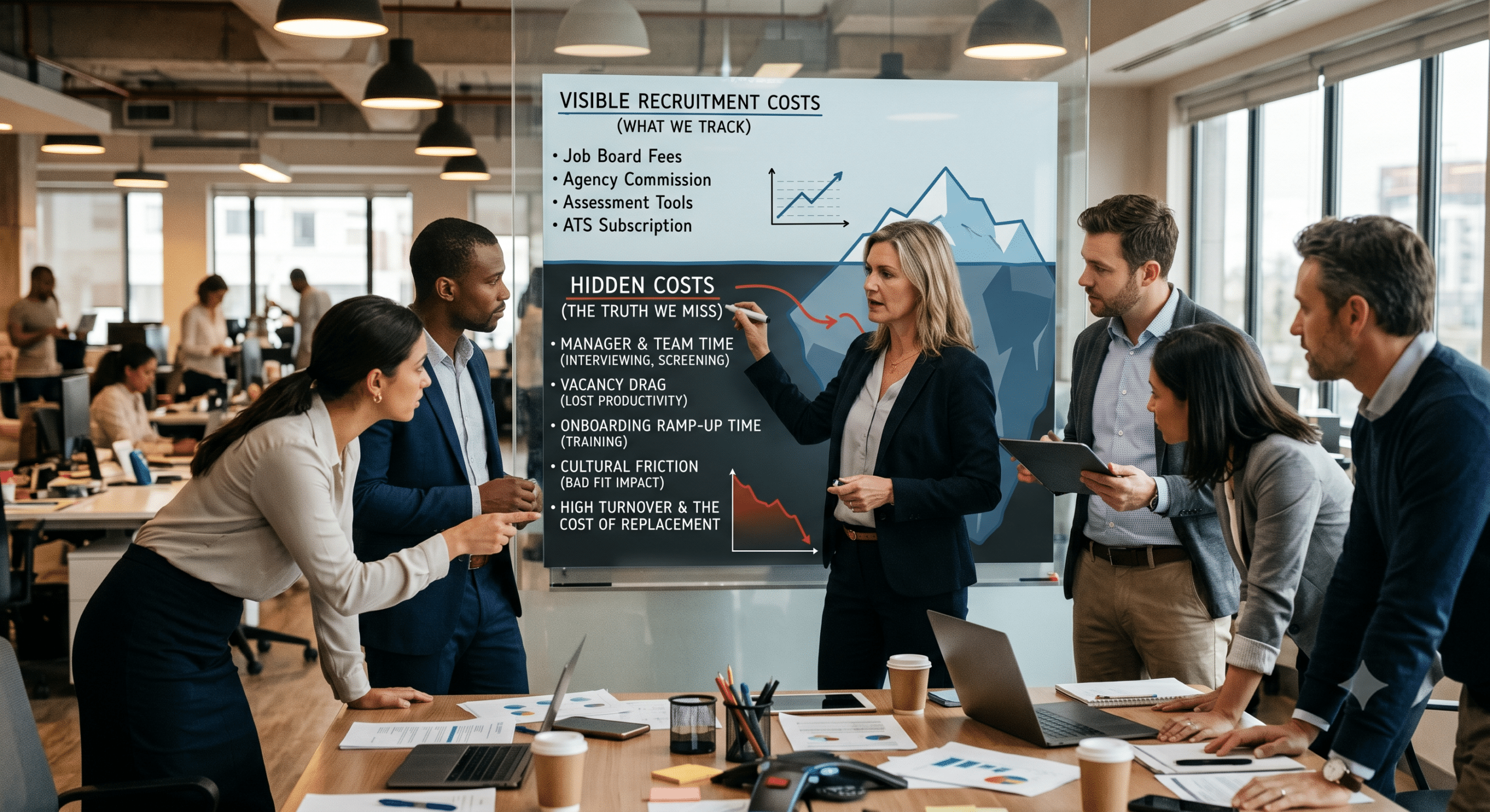 HR team discussing cost per hire and hidden recruitment costs during a hiring strategy meeting in a modern office