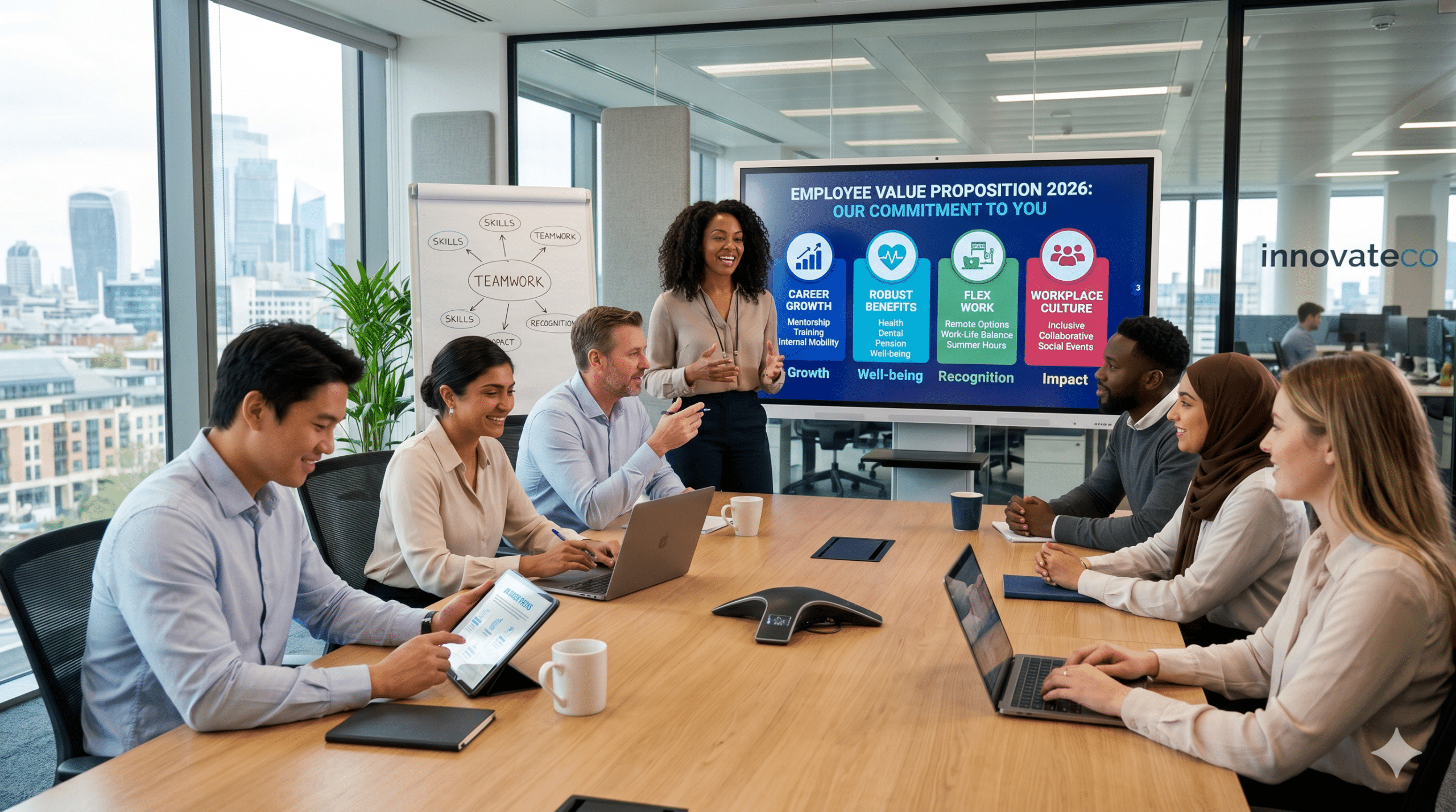 employee value proposition presentation showing benefits, career growth, and workplace culture in a modern office meeting