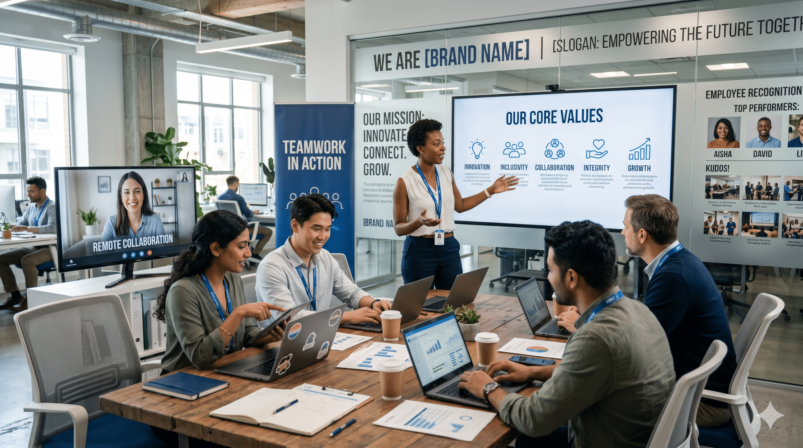 Employer branding examples showing diverse team collaboration, company values presentation, and hybrid workplace culture in modern office
