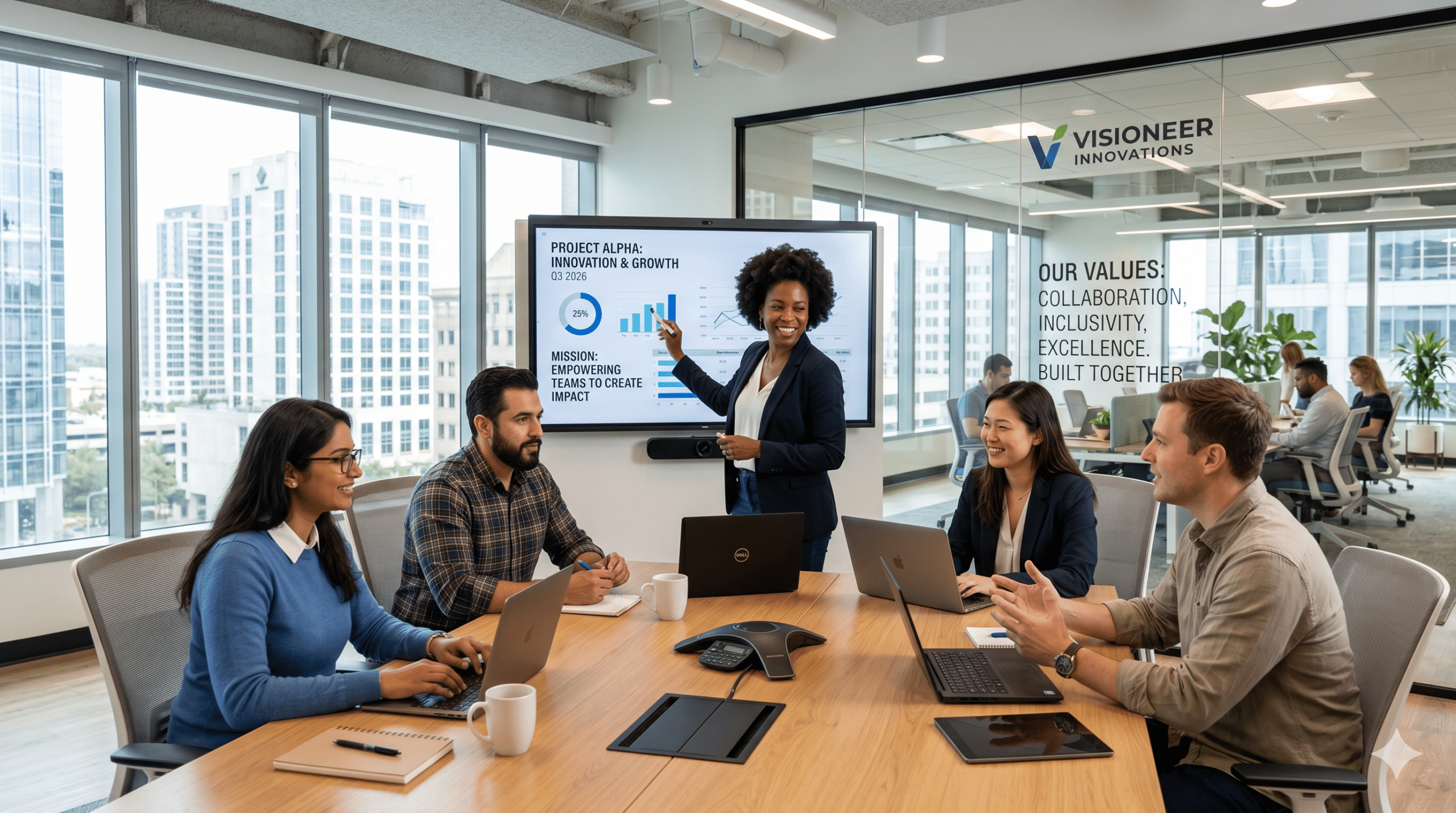 Employer branding team meeting in modern office showcasing company culture, collaboration, and leadership presentation in 2026