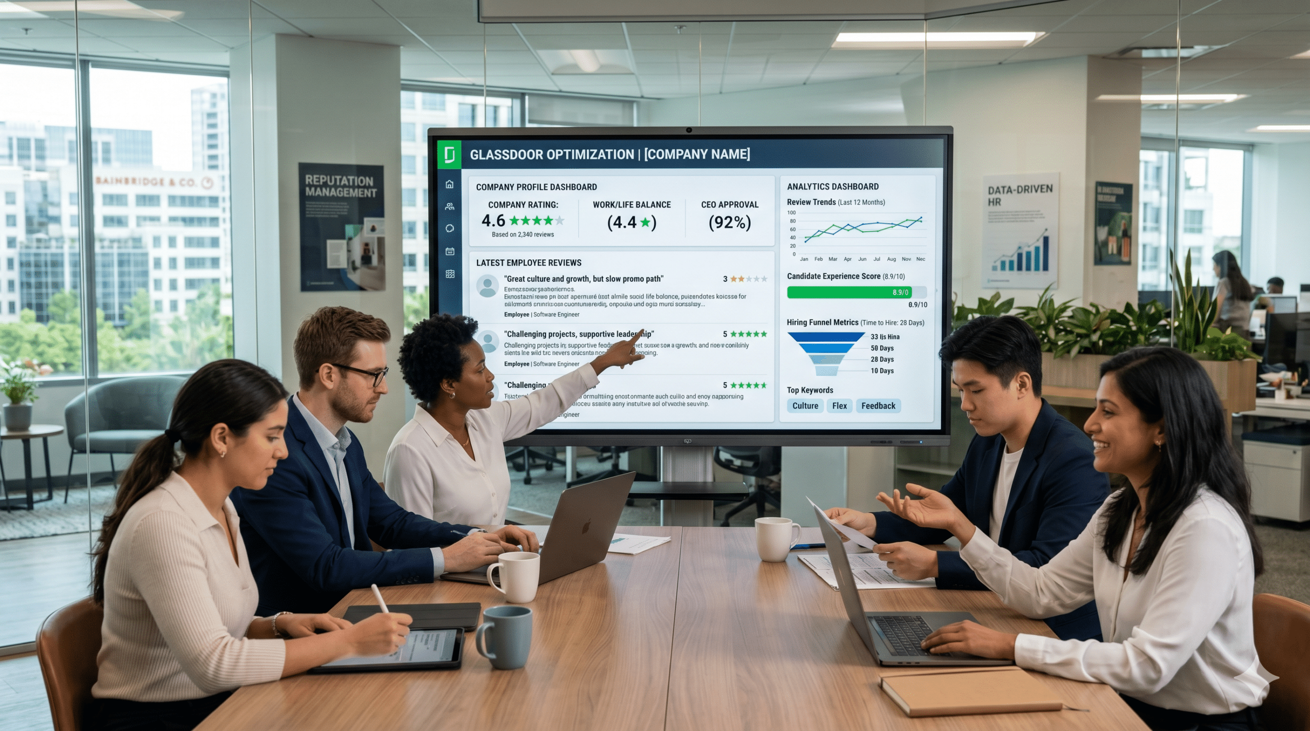 Glassdoor optimization team reviewing employee ratings, company reviews, and analytics dashboard in a modern office environment