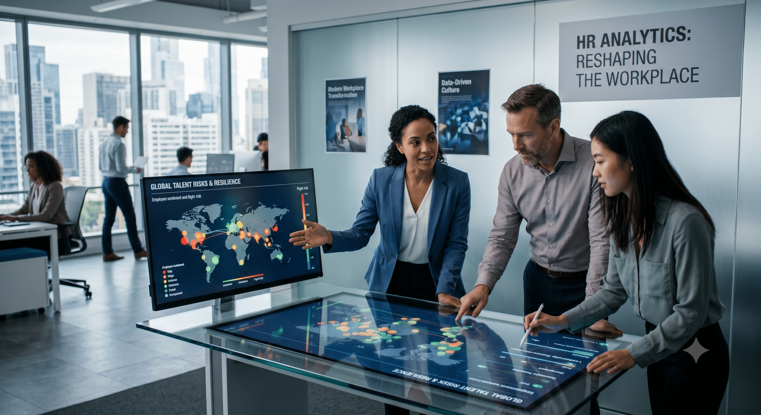 HR professionals using HR analytics tools and workforce dashboards to analyze employee engagement and business performance in a modern office