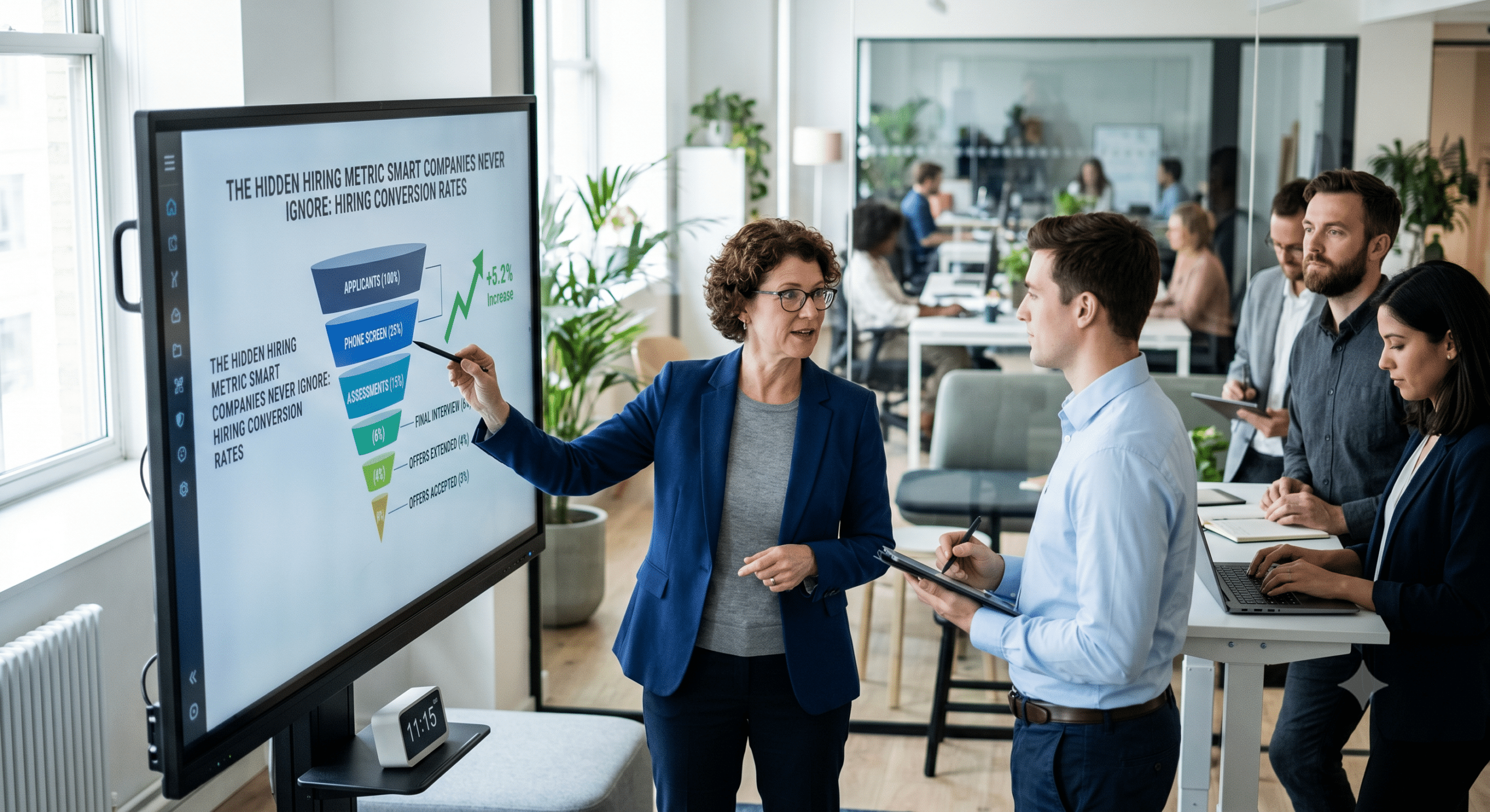 HR consultant presenting hiring conversion rates and recruitment funnel metrics during a modern office meeting