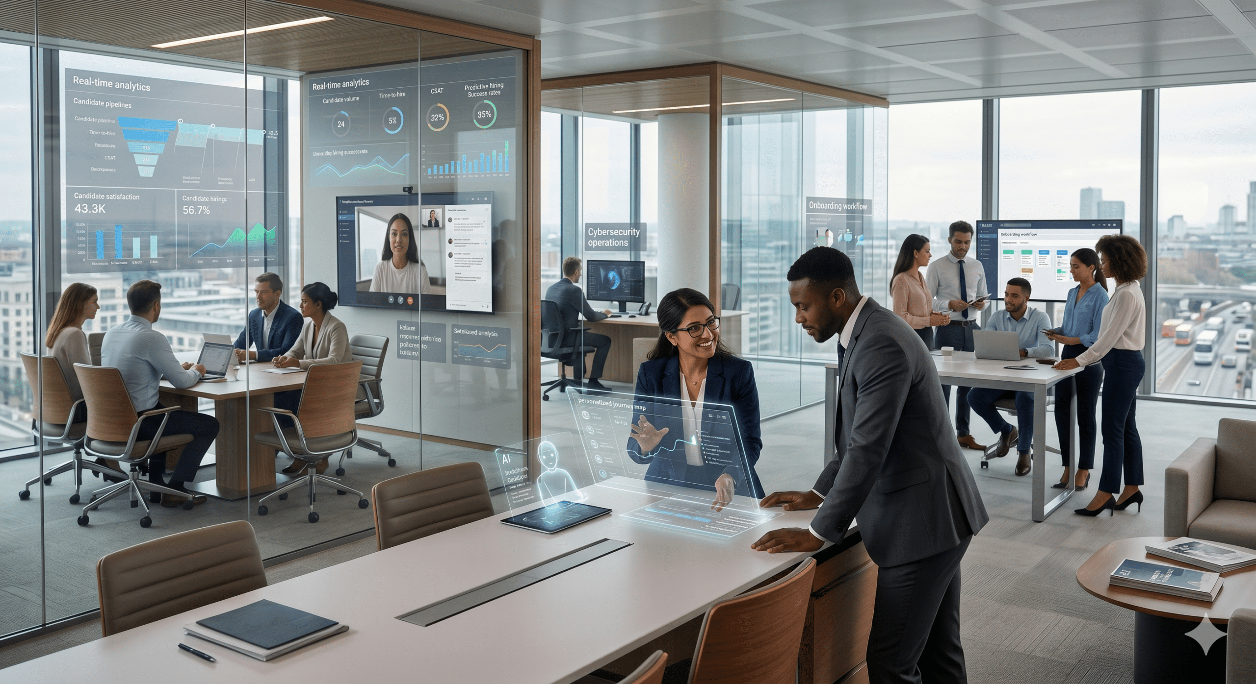 Futuristic corporate recruitment office with HR professionals improving candidate experience through AI hiring dashboards, virtual interviews, onboarding workflows, and personalized recruitment technology.