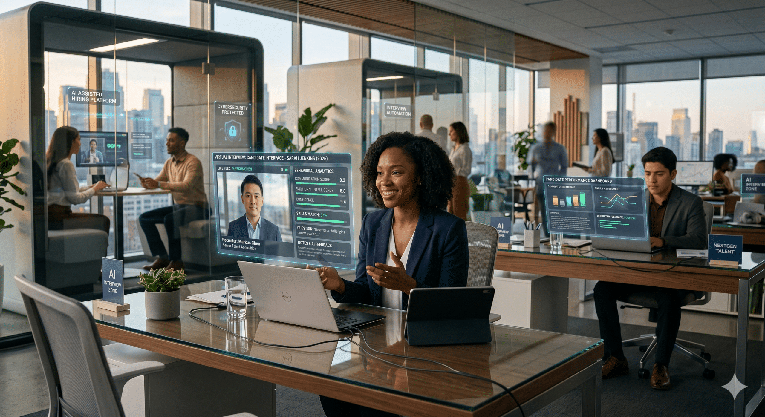 Futuristic AI-powered interview workspace with candidates participating in virtual interviews, behavioral analytics, hiring dashboards, and modern recruitment technology.