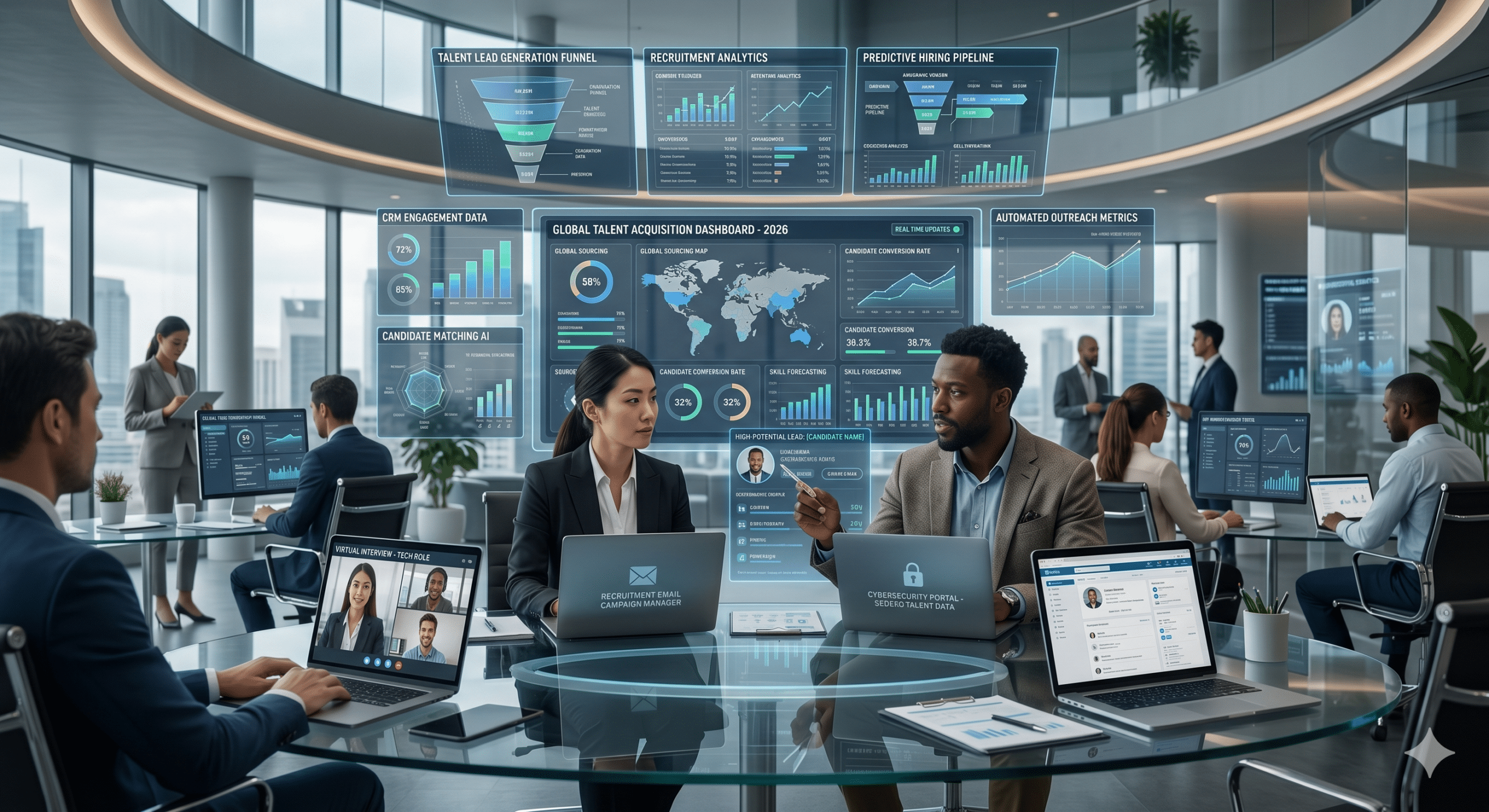 Futuristic recruitment office with HR professionals using AI-powered lead generation dashboards, recruitment analytics, predictive hiring funnels, and talent acquisition technology.