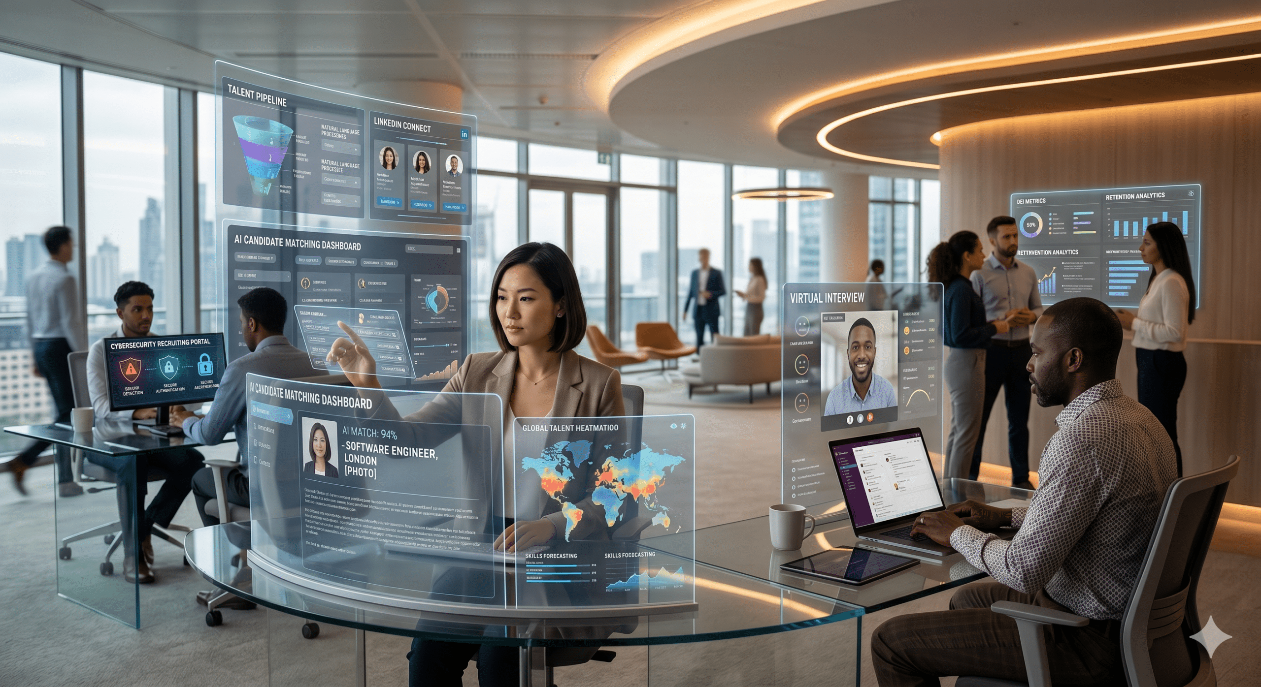 Futuristic corporate recruitment office with HR professionals using AI hiring dashboards, holographic candidate analytics, virtual interviews, and passive candidate recruitment technology in a modern workspace.