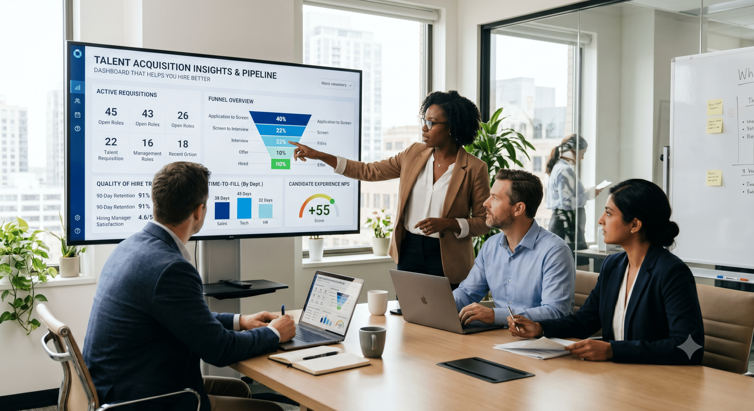 Recruitment dashboard presentation during a talent acquisition strategy meeting with HR professionals reviewing hiring analytics and recruitment pipeline metrics