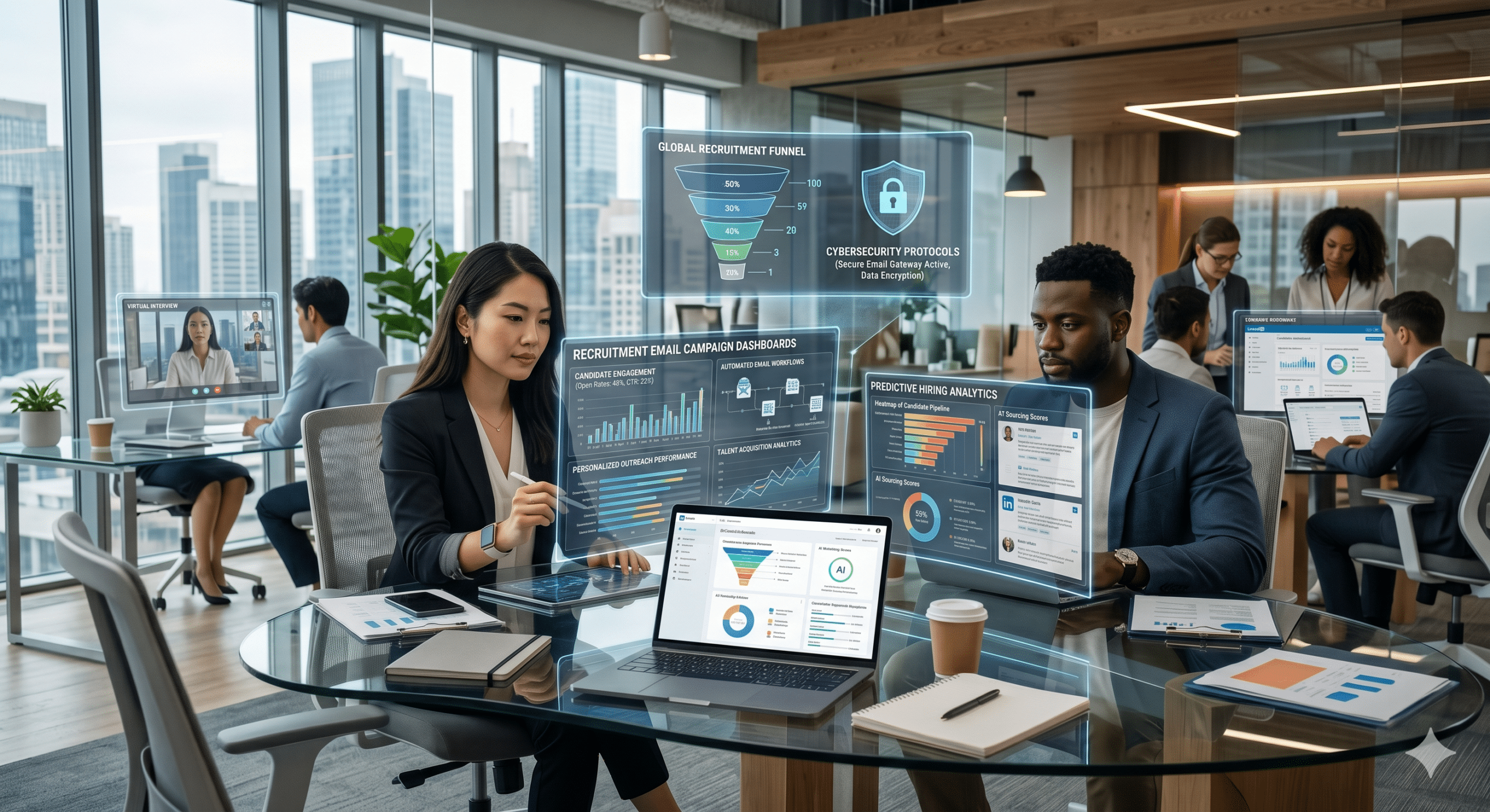 Futuristic recruitment office with HR professionals managing AI-powered recruitment email campaigns, candidate outreach analytics, virtual interviews, and automated hiring dashboards.
