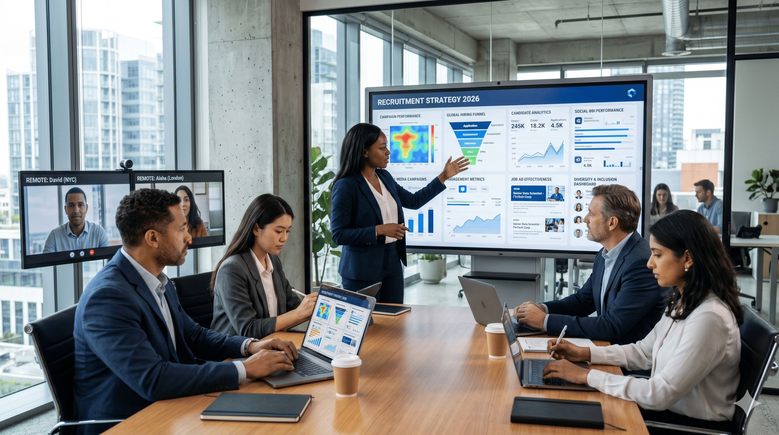 recruitment marketing strategy meeting with team analyzing hiring funnel, candidate data, and digital campaigns in a modern office