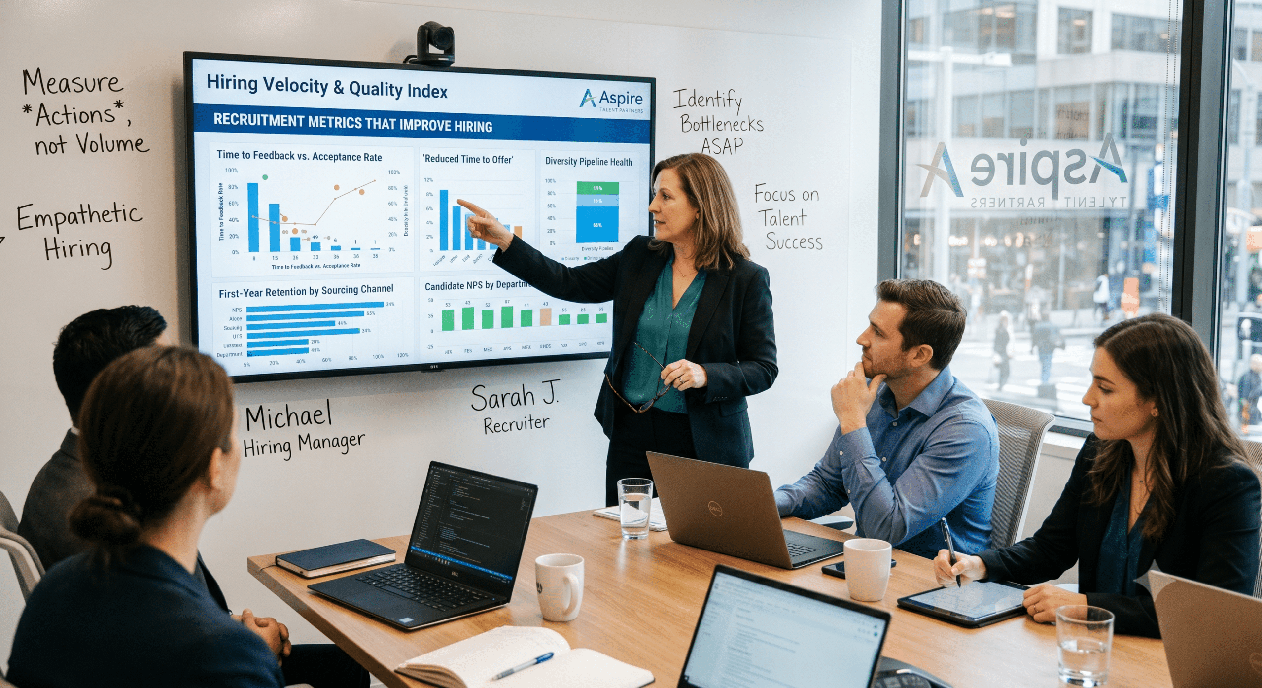 HR team reviewing recruitment metrics dashboard during a hiring strategy meeting focused on improving hiring quality and recruitment performance