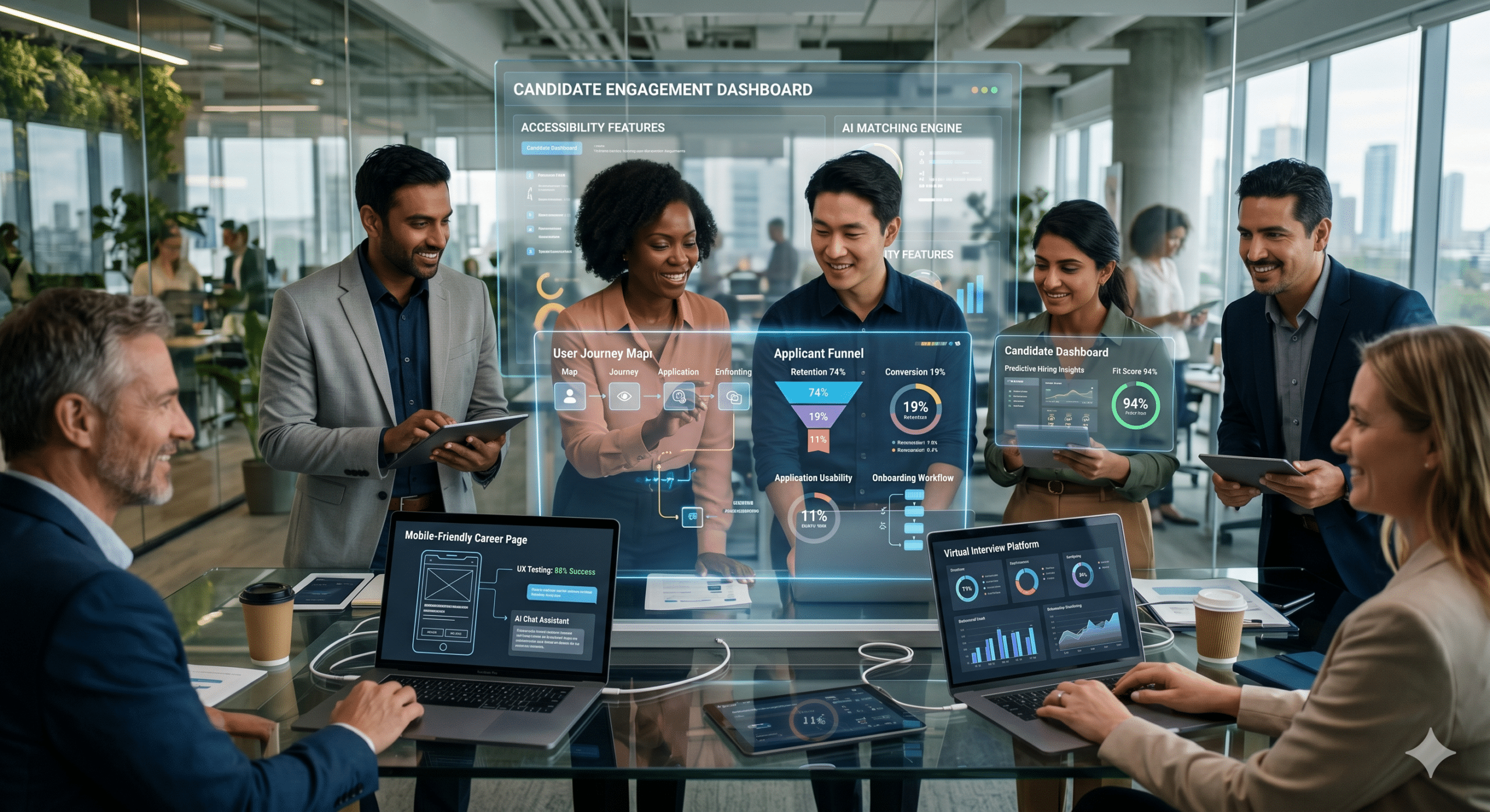 Futuristic recruitment UX design team using AI-powered candidate engagement dashboards, applicant funnels, onboarding workflows, and digital hiring analytics in a modern office.