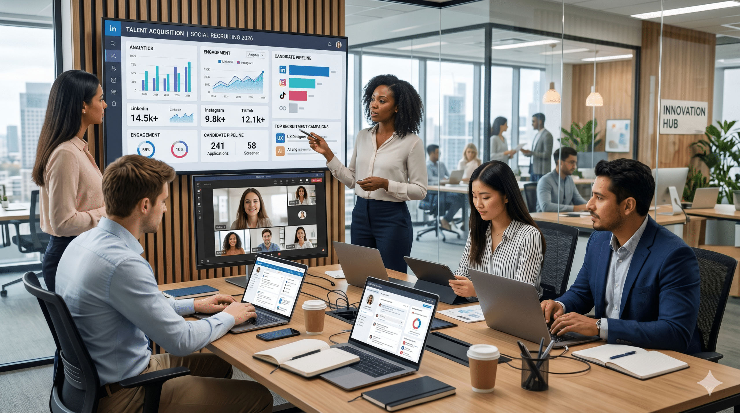 Social media recruiting team analyzing candidate data, engagement metrics, and hiring campaigns in a modern digital workplace
