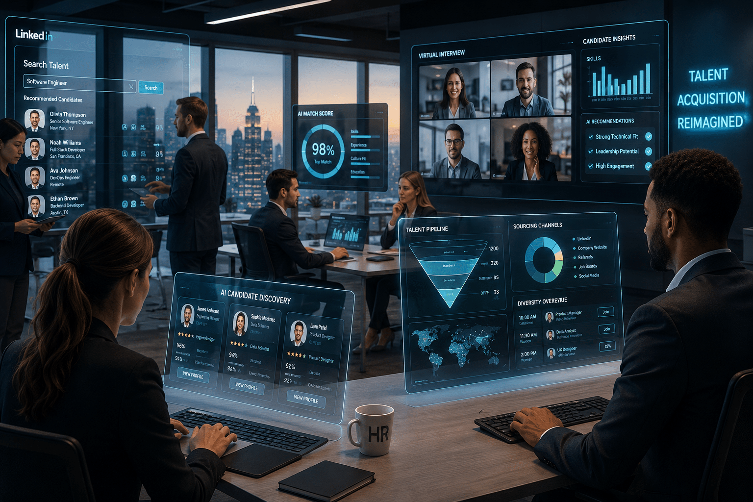 Futuristic corporate recruitment office with diverse HR professionals using AI-powered hiring dashboards, holographic candidate analytics, virtual interview screens, remote hiring tools, and digital talent acquisition platforms in a modern high-tech workspace.