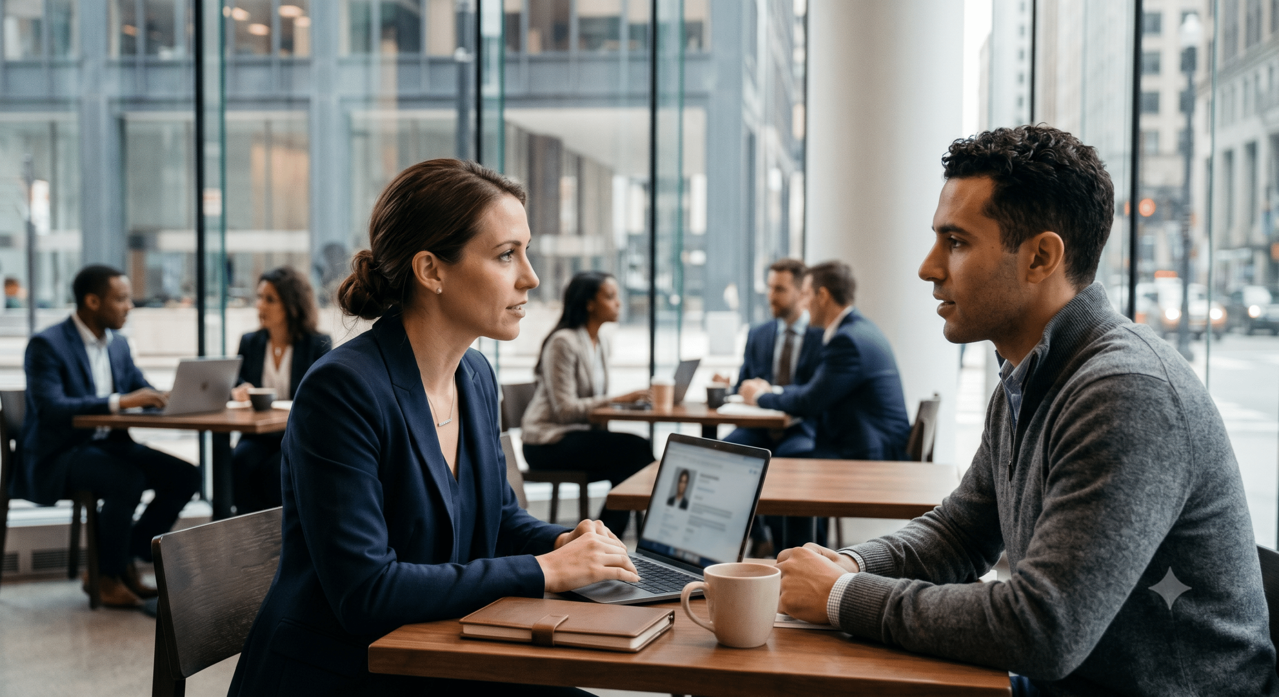 Professional recruiter meeting with a passive job candidate in a modern office during a talent sourcing conversation