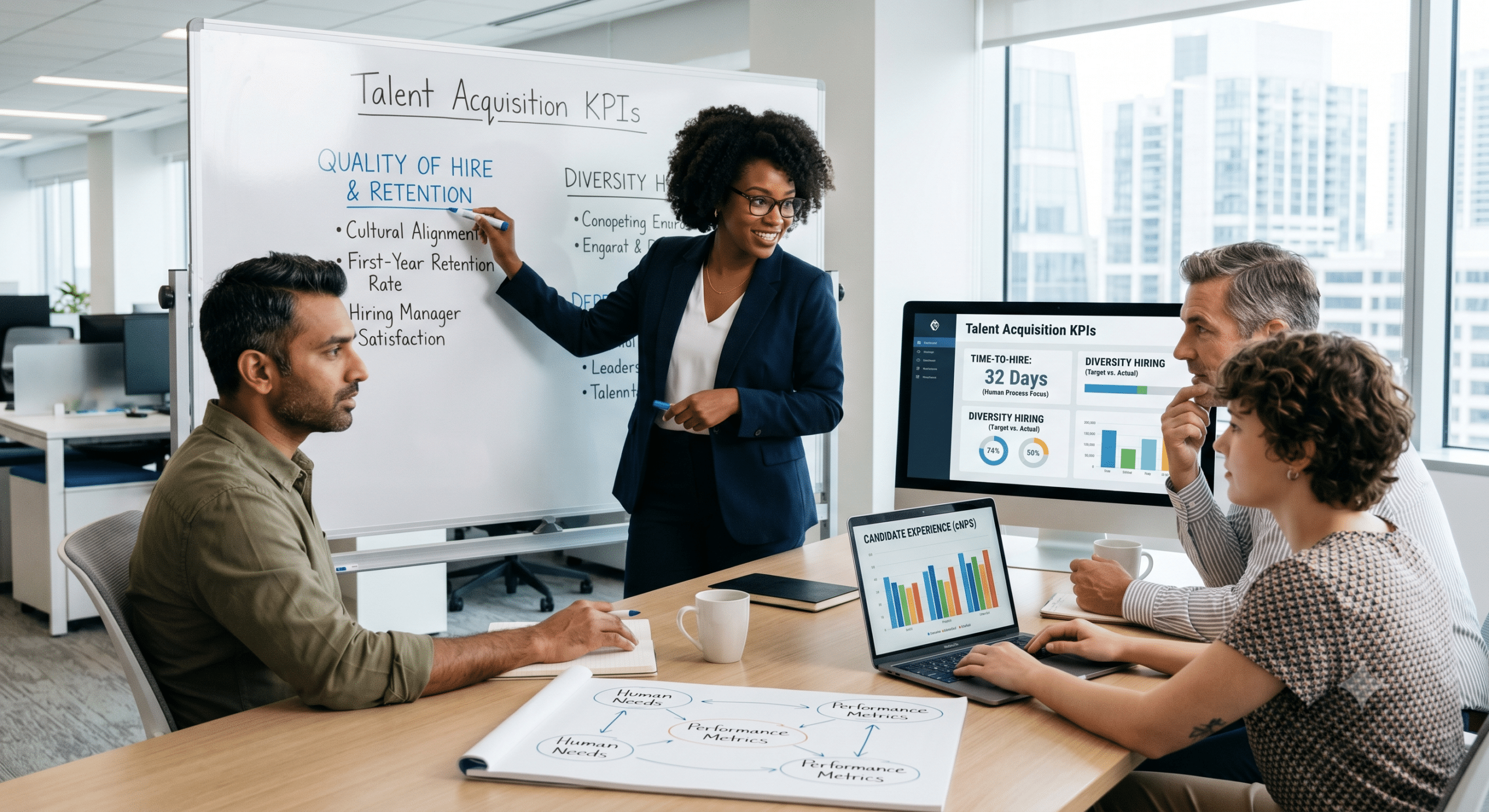 Talent acquisition KPIs meeting showing HR professionals discussing quality of hire, retention, diversity hiring, and recruitment analytics dashboards