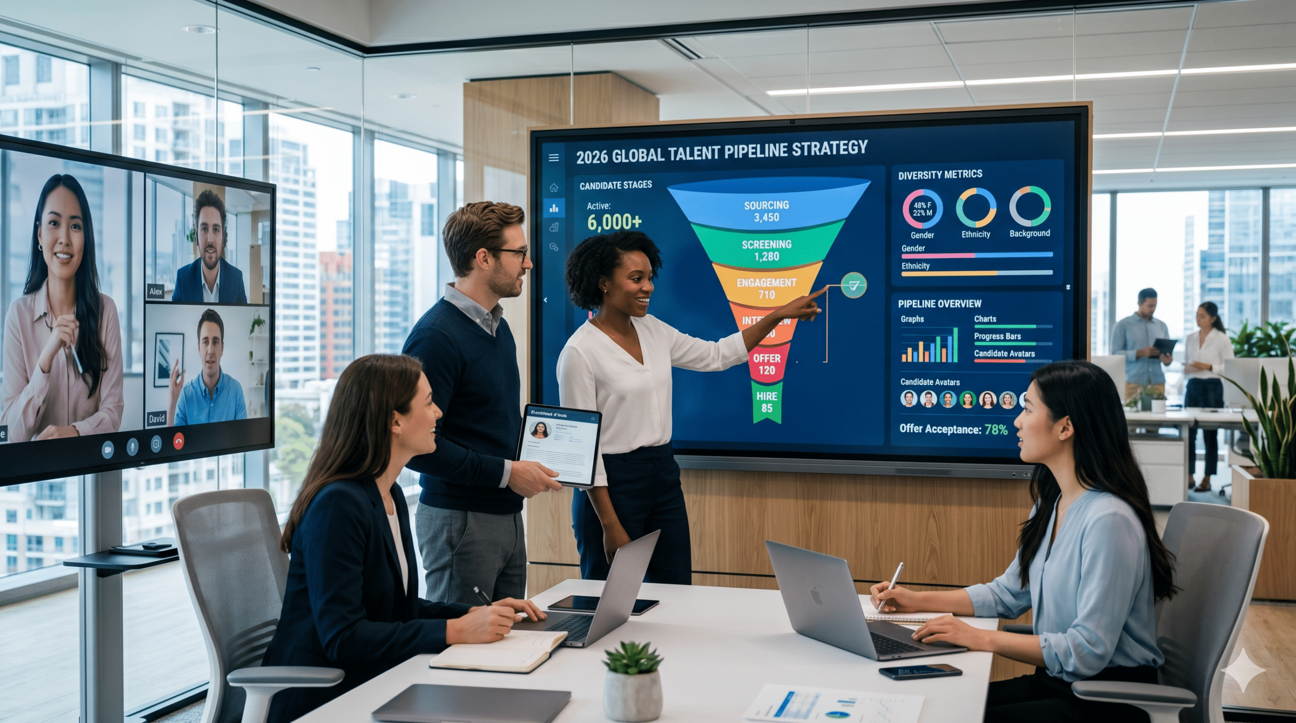 talent pipeline strategies meeting with team analyzing hiring funnel, candidate stages, and recruitment analytics in a modern office