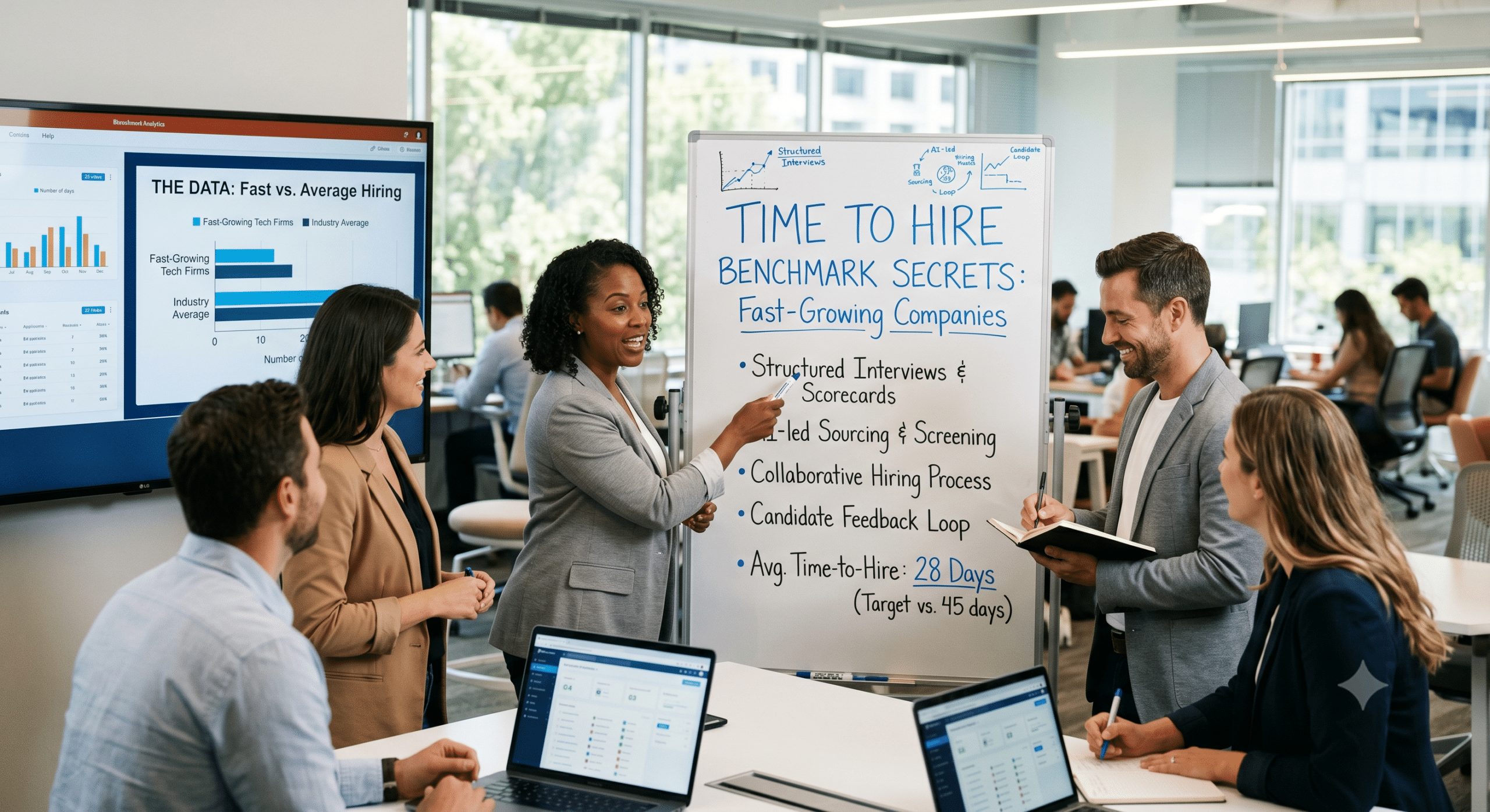 HR professionals discussing time to hire benchmark strategies during a recruitment planning meeting with hiring analytics dashboards and interview process metrics displayed in a modern office.