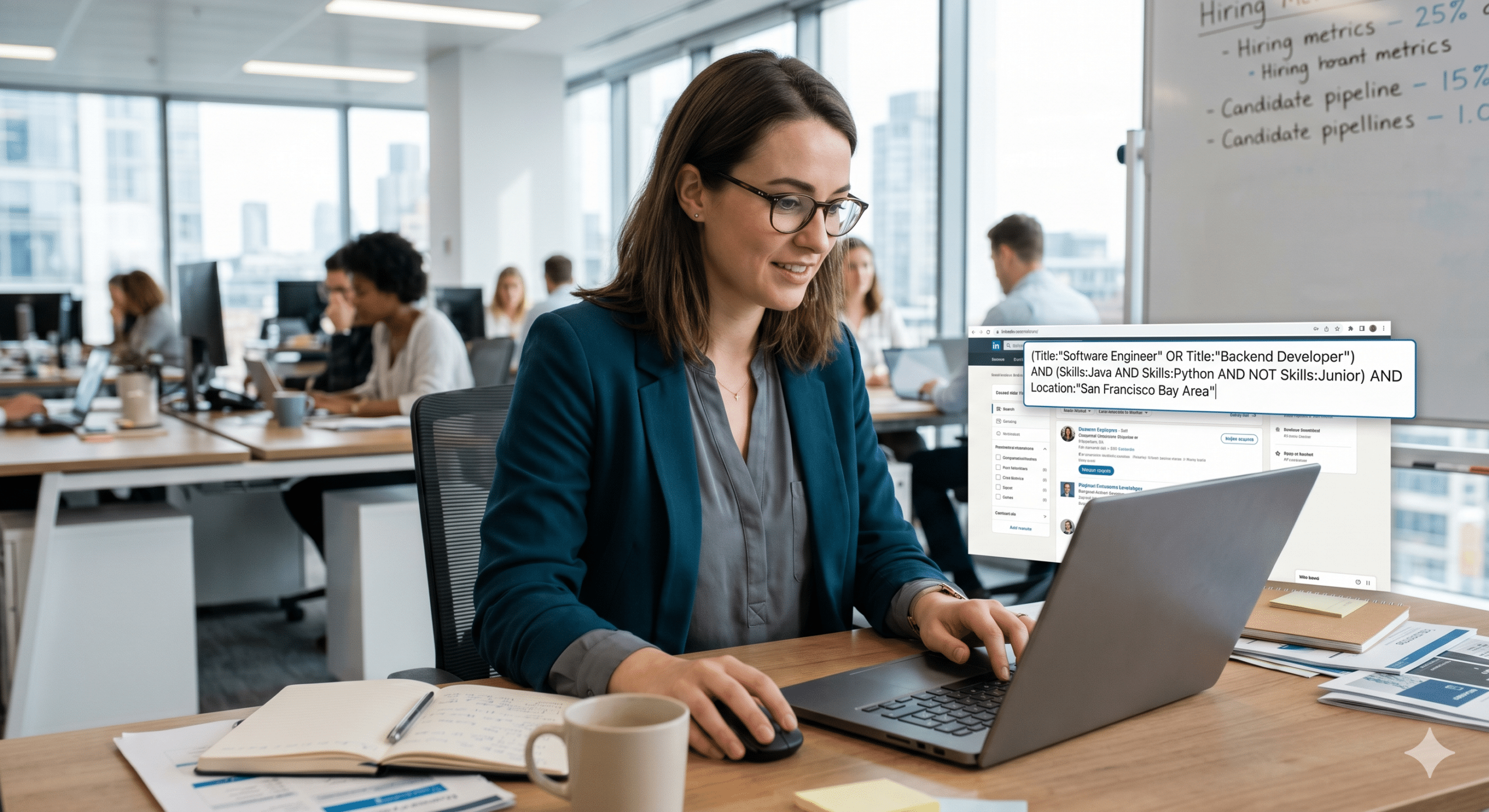 Female talent sourcer using complex Boolean search recruitment strings on a laptop in a modern corporate office to find top candidate profiles.