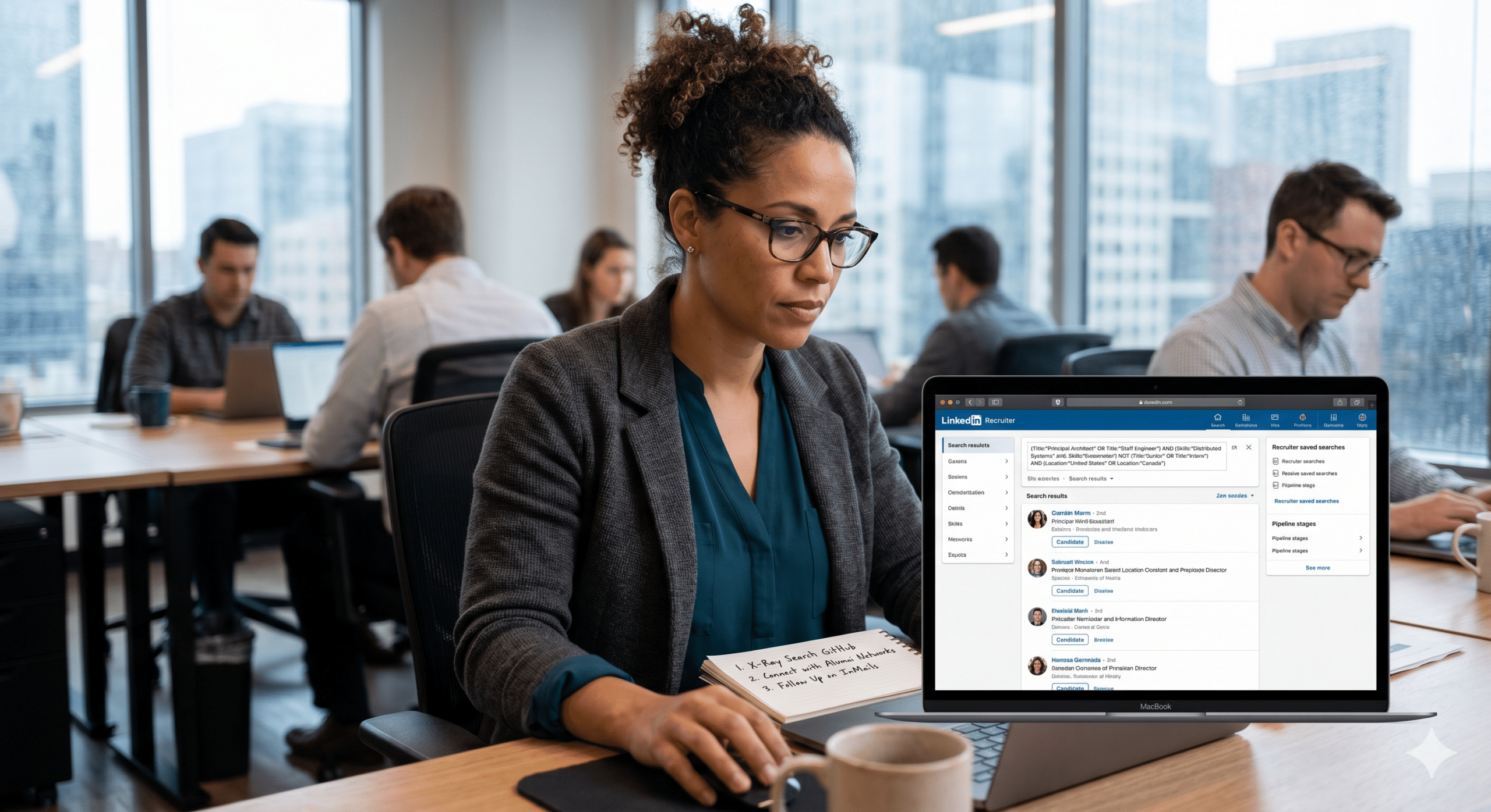 Focused female recruiter using advanced LinkedIn sourcing strategies on a laptop in a busy office to view filtered professional profiles.