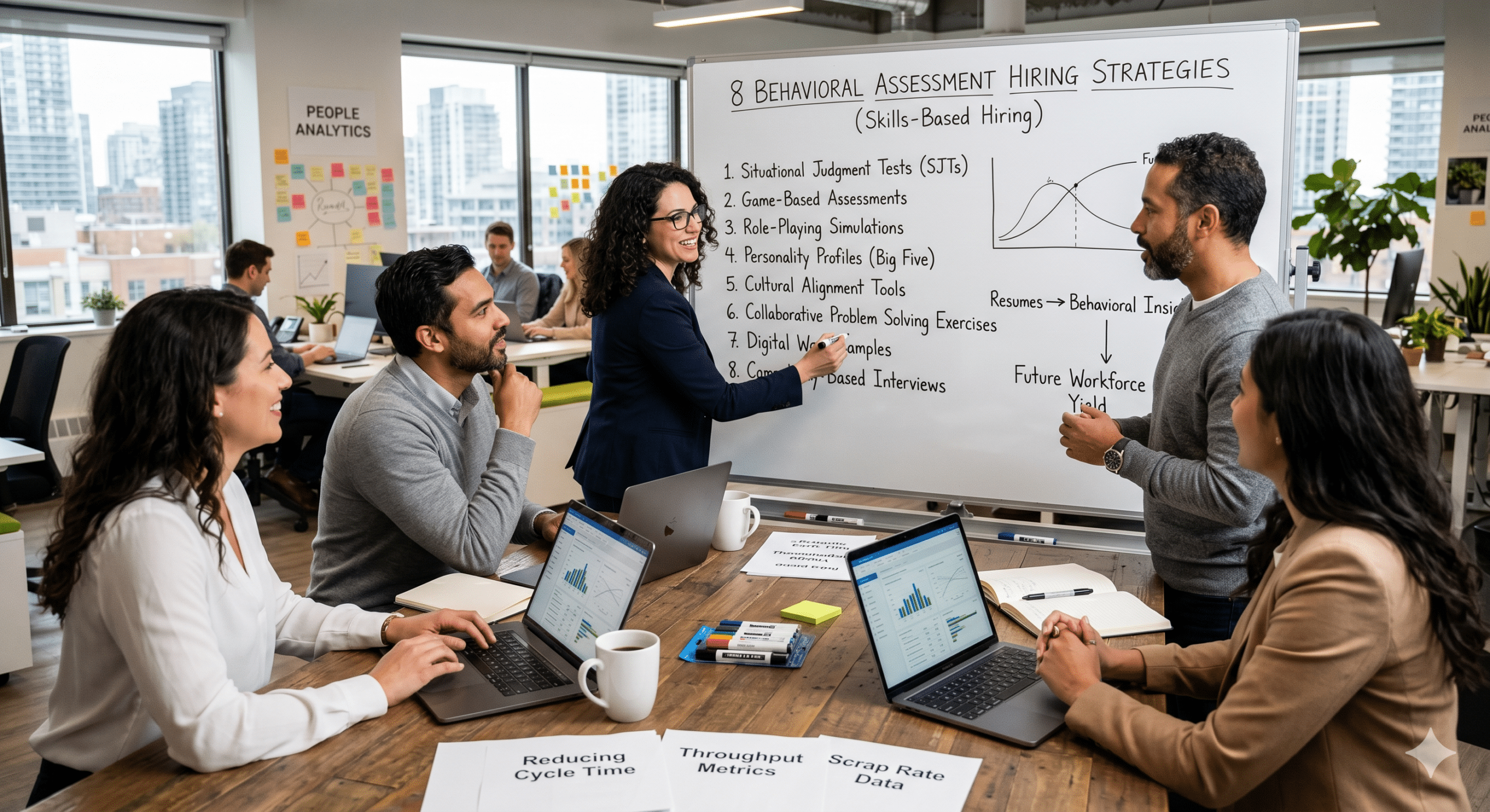 Behavioral assessment hiring workshop showing HR professionals using skills-based hiring strategies, people analytics, candidate evaluation frameworks, and recruitment performance metrics to improve hiring outcomes.