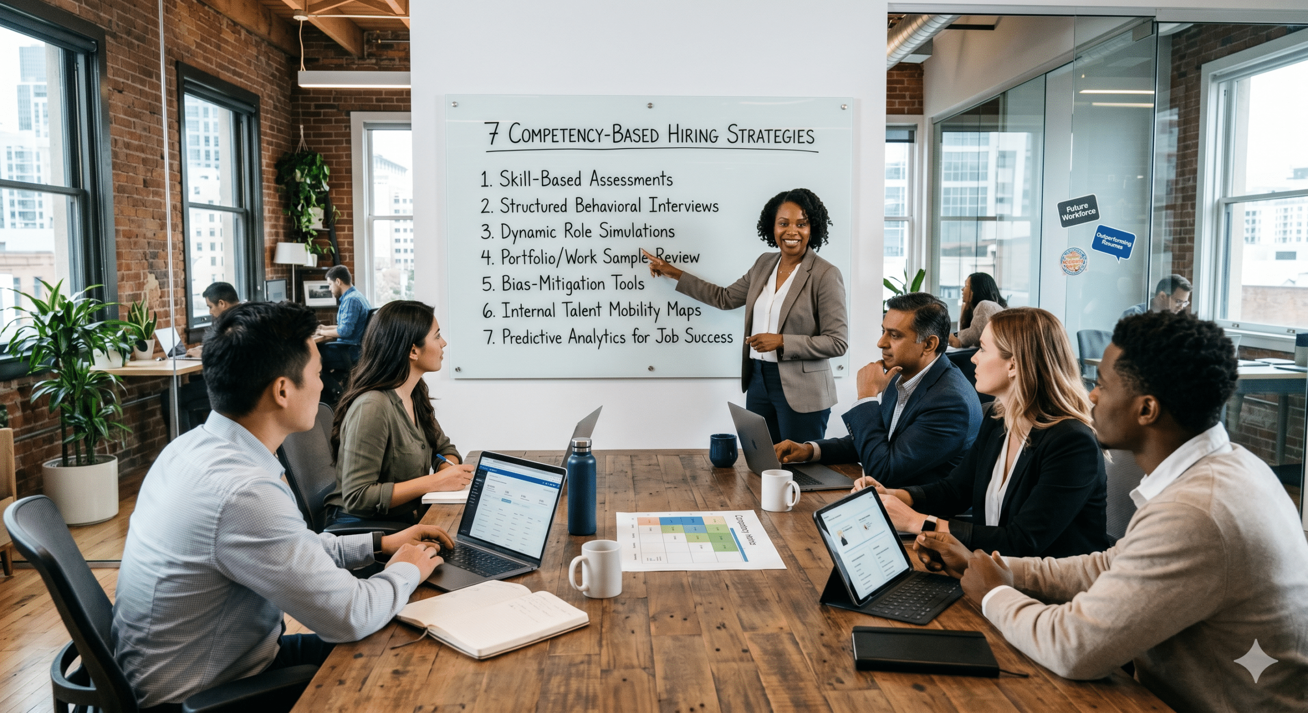 Competency-based hiring strategy meeting with HR leaders reviewing skills assessments, structured interviews, talent analytics, and workforce planning in a modern office conference room