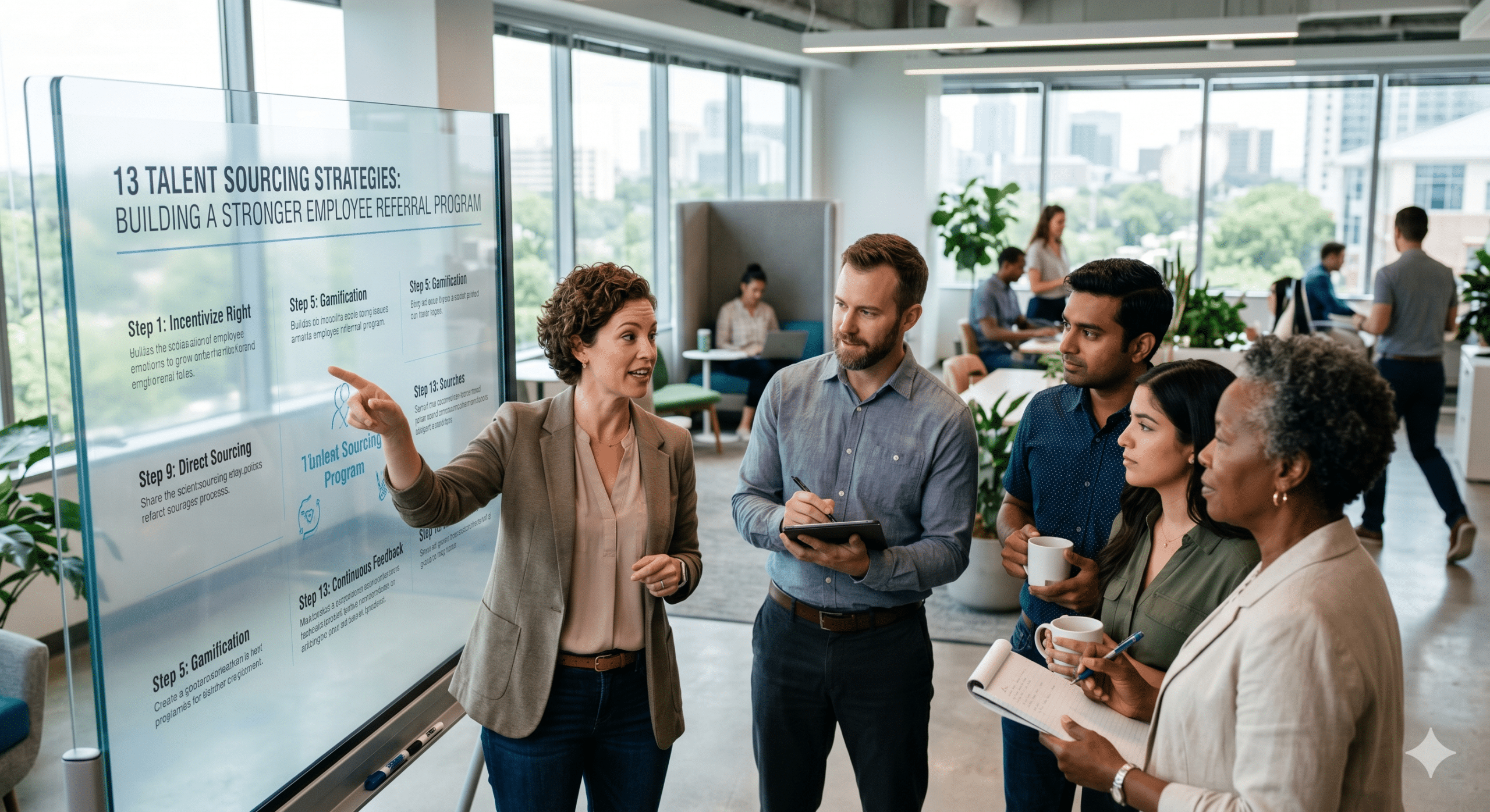 A diverse team of HR recruiters collaborating in a modern, bright office, looking at a glass whiteboard outlining 13 talent sourcing strategies for an employee referral program.