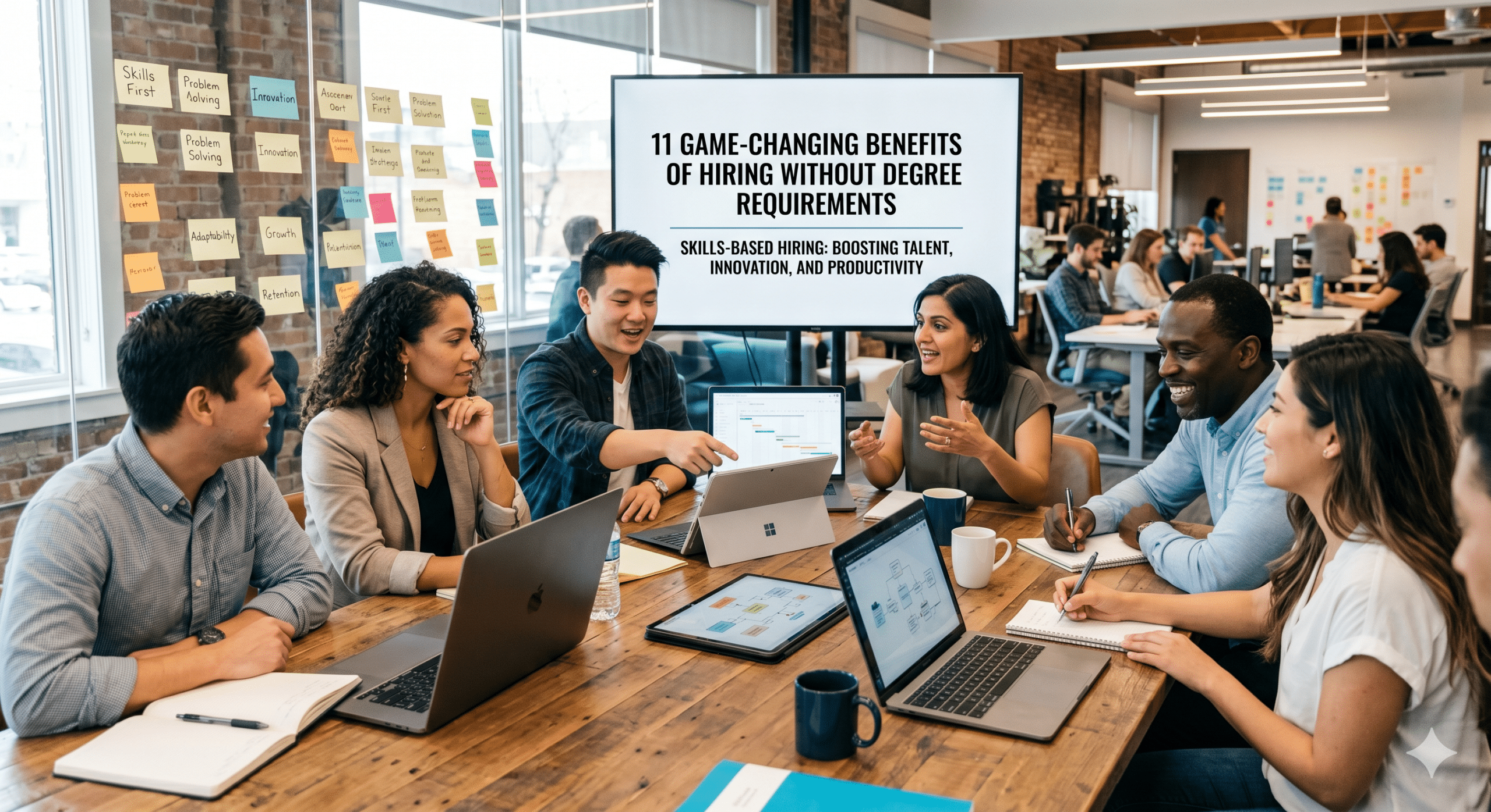 Hiring without degree requirements meeting showcasing a diverse team discussing skills-based hiring, workforce development, talent acquisition, and employee productivity in a modern office environment.