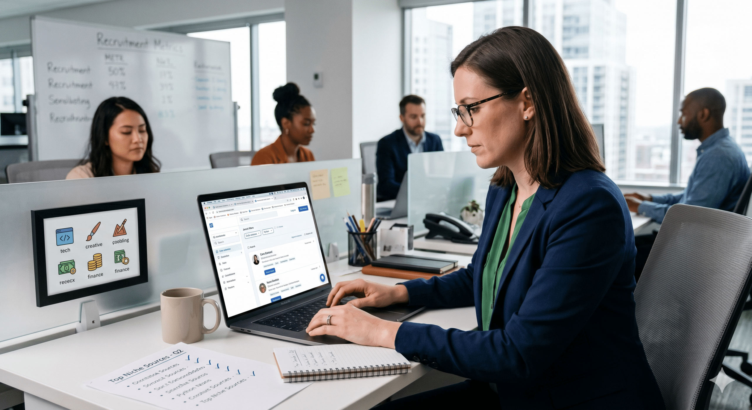 Corporate talent specialist analyzing highly targeted candidates on specialized niche job boards using a laptop in a bright corporate office.